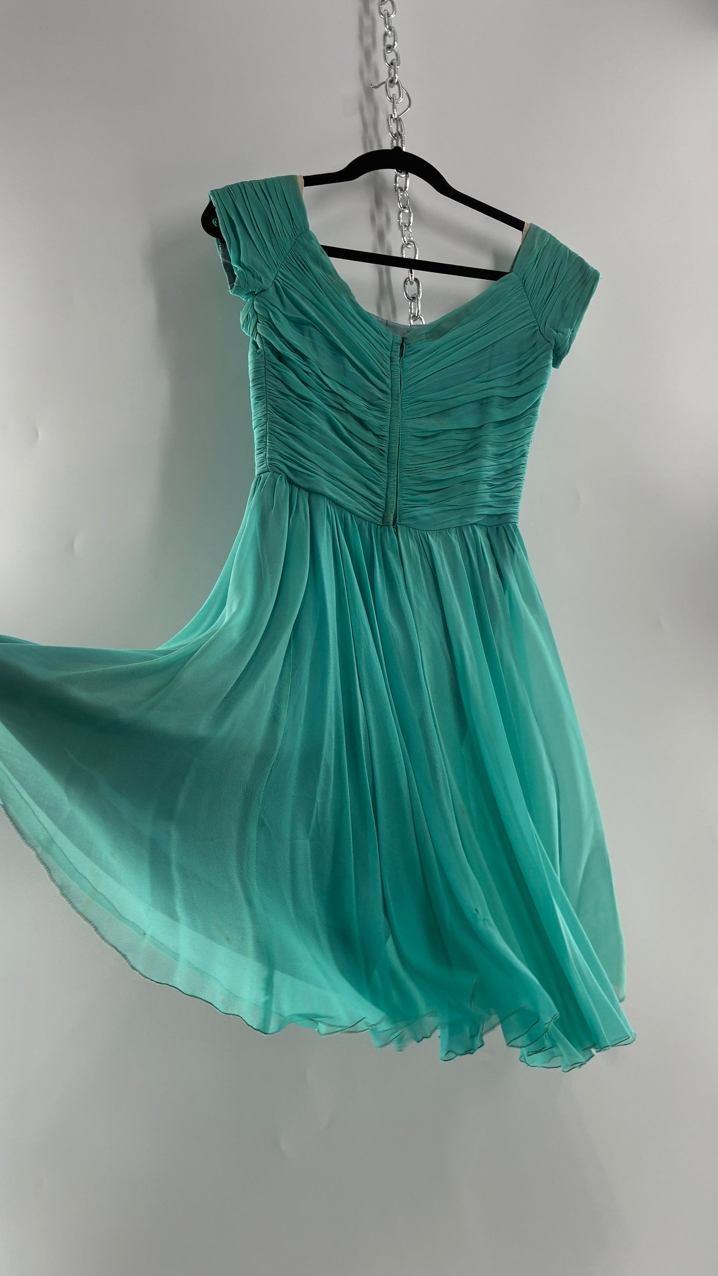 Vintage Teal Handmade Mini Dress with Pleated Basket Woven Bust (XS)
