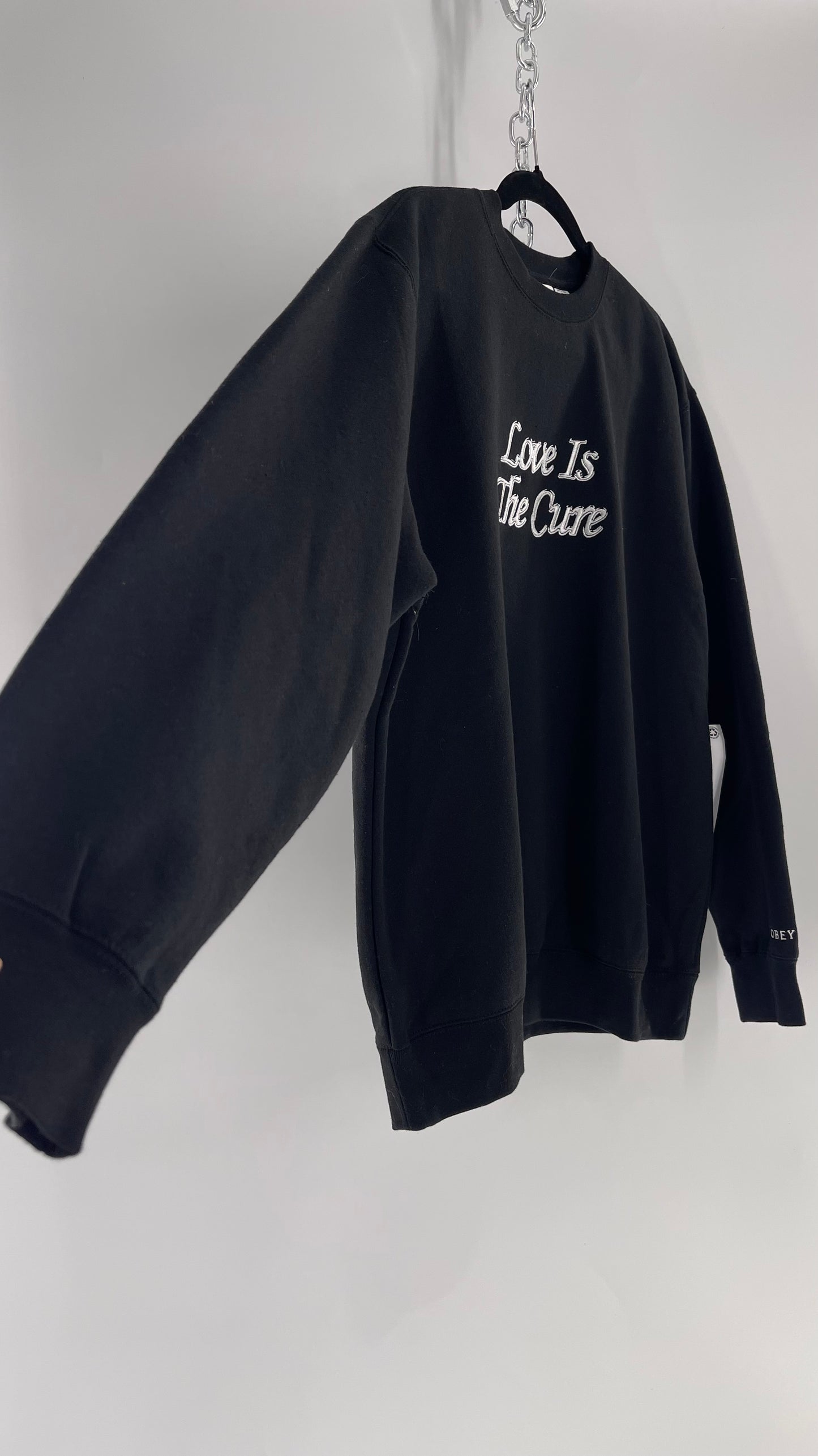OBEY Black All Over Embroidered Love is The Cure Crewneck with Tags (Medium)