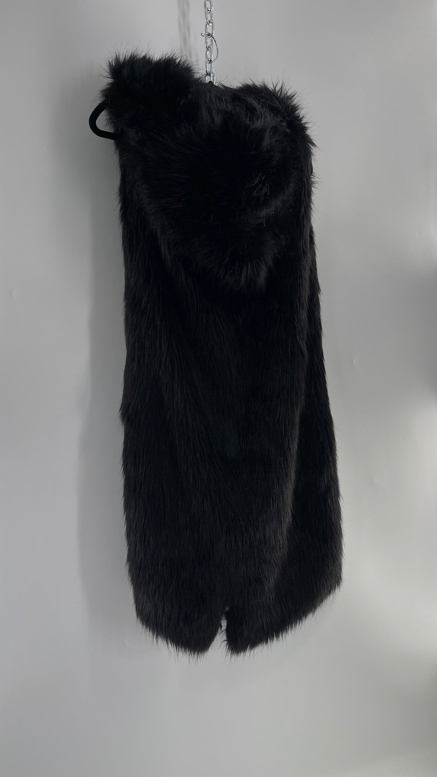 Full Length Black Fuzzy Sleeveless Vest with Oversized Hood (Medium)