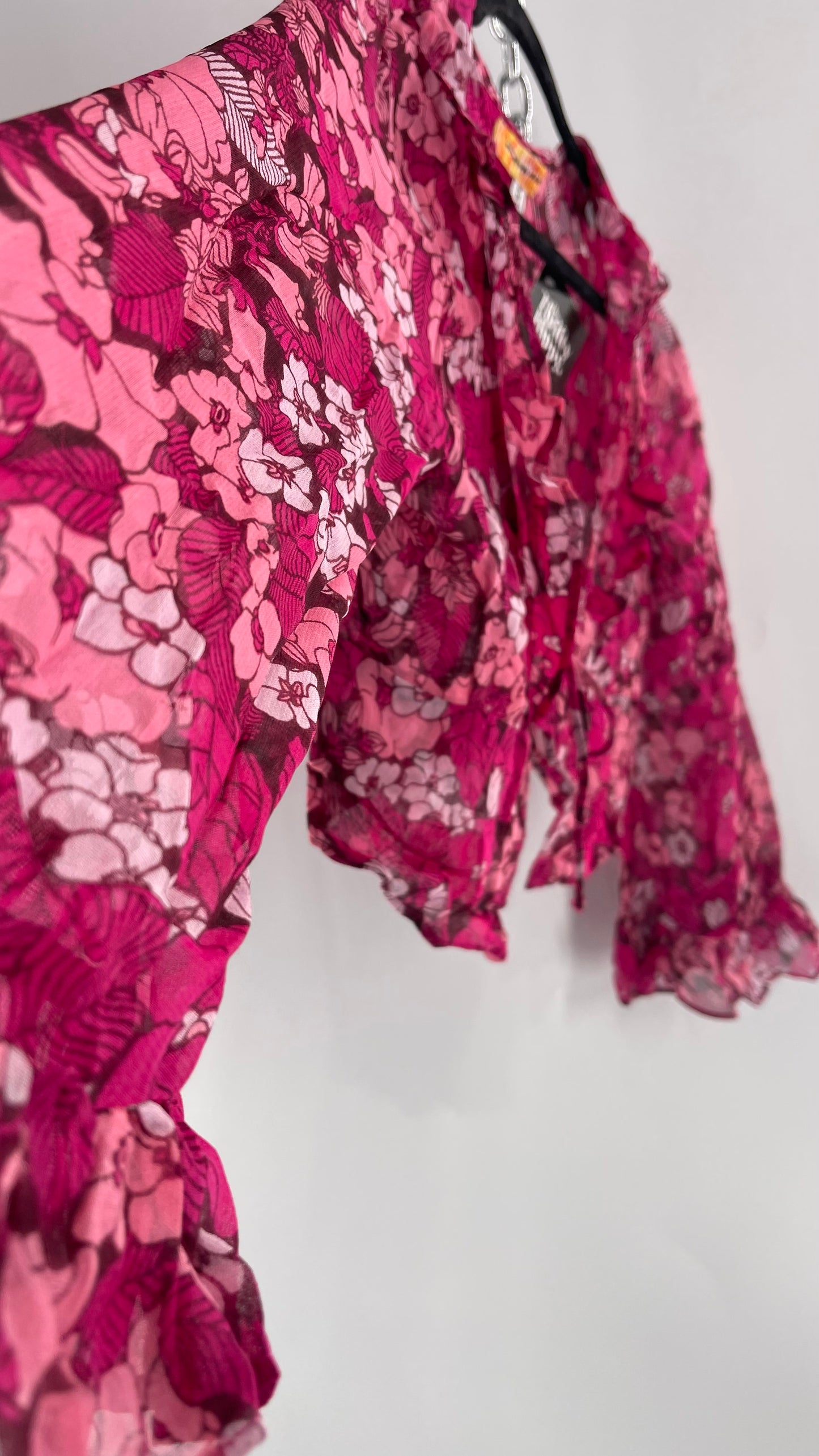 Urban Outfitters Fuchsia 100% Viscose Floral Tie Front, Ruffled Blouse