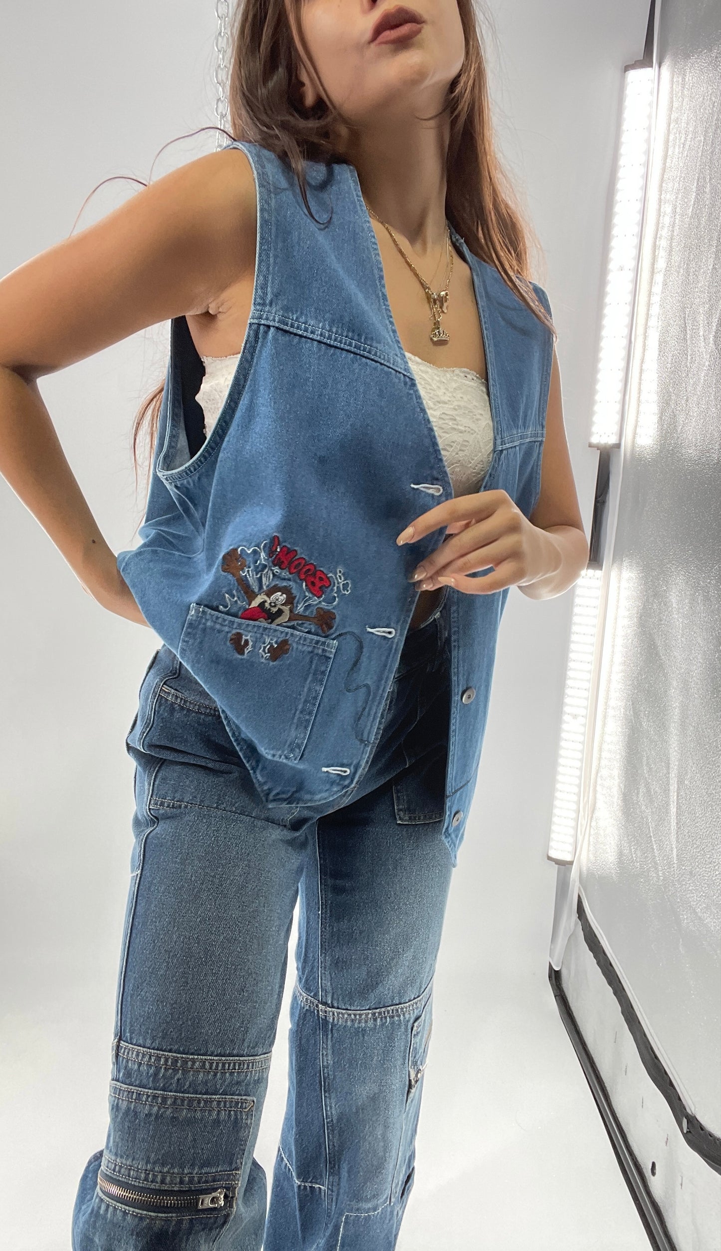 Vintage Looney Tunes Denim Vest with Embroidered Characters (Large)