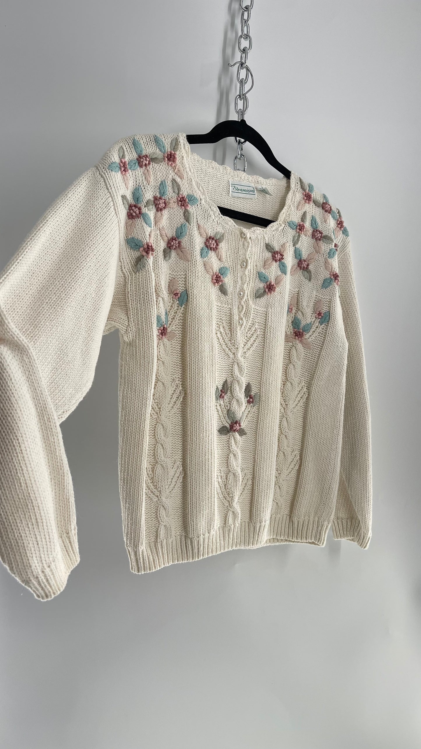 Shenanigans 55% Ramie45% Cotton Embroidered Off White Knit Sweater (Medium)