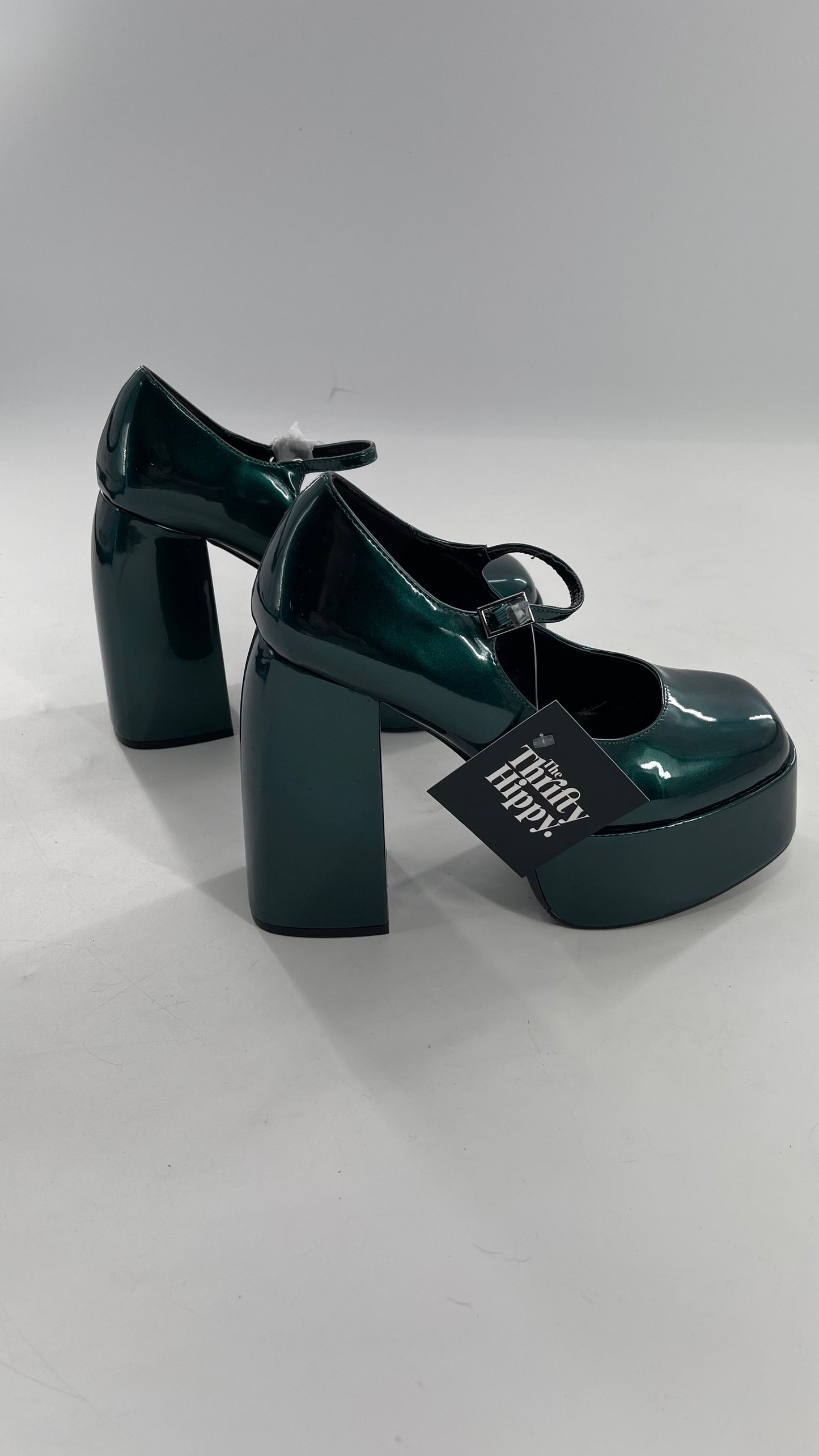 KOI FOOTWEAR Patent Emerald Green Platform Chunky Heel Mary Janes (9/39)