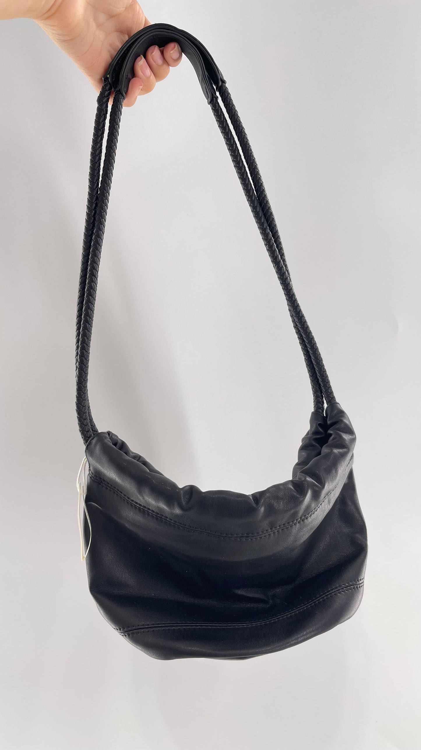 Urban Outfitters Black Adjustable Bucket Tank Vegan Leather Bag with Braided Handles