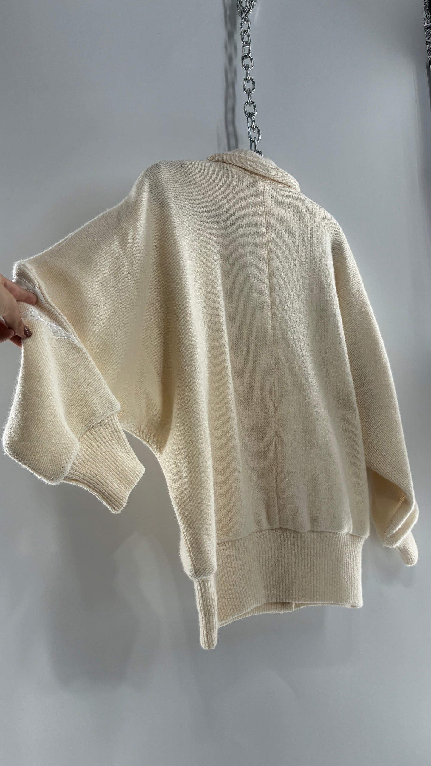 Vintage SUZELLE 70% Lambswool, 20% Angora Rabbit Off White Woven Bomber Jacket with Leather Flower Appliqués (Medium)