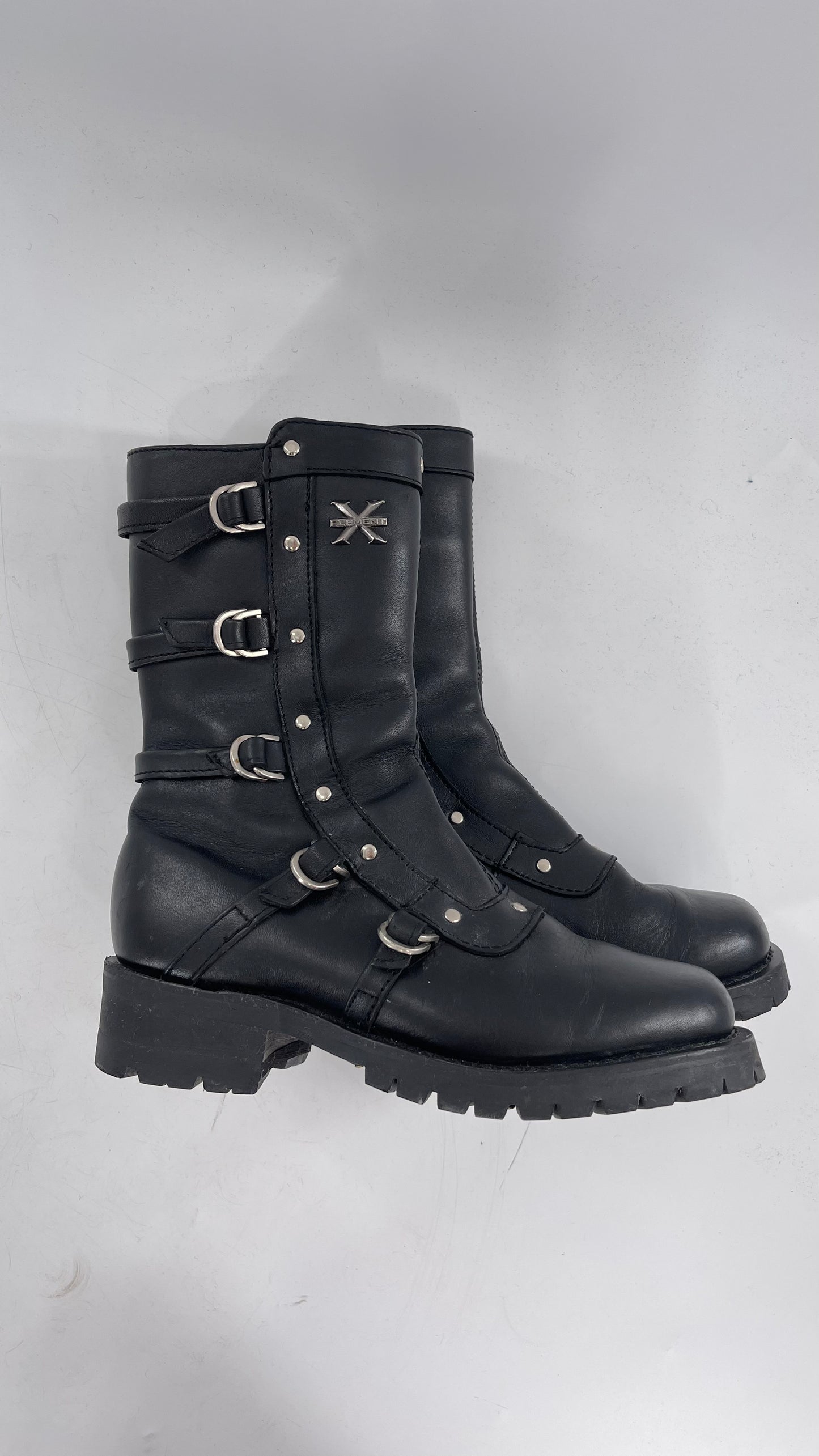 Vintage 1990s XELEMENT Buckle Side Genuine Leather Steam Punk Boots (Women’s 8.5)