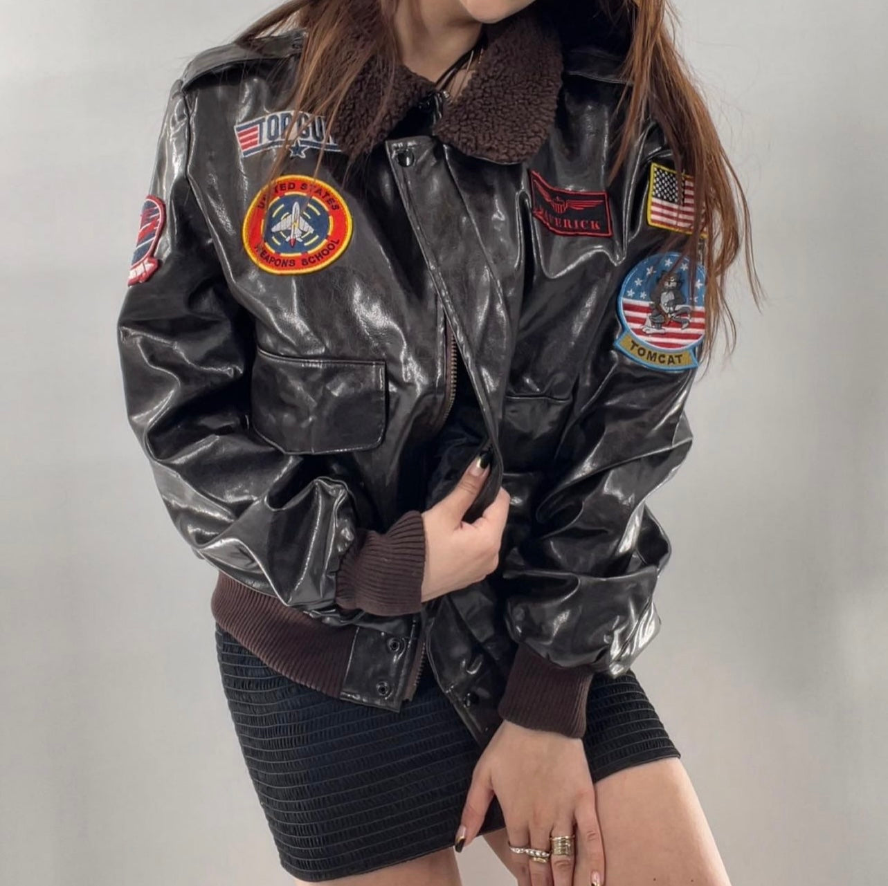 Vintage Dark Brown Top Gun Bomber Jacket with Patches and Teddy Sherpa Collar (Large)