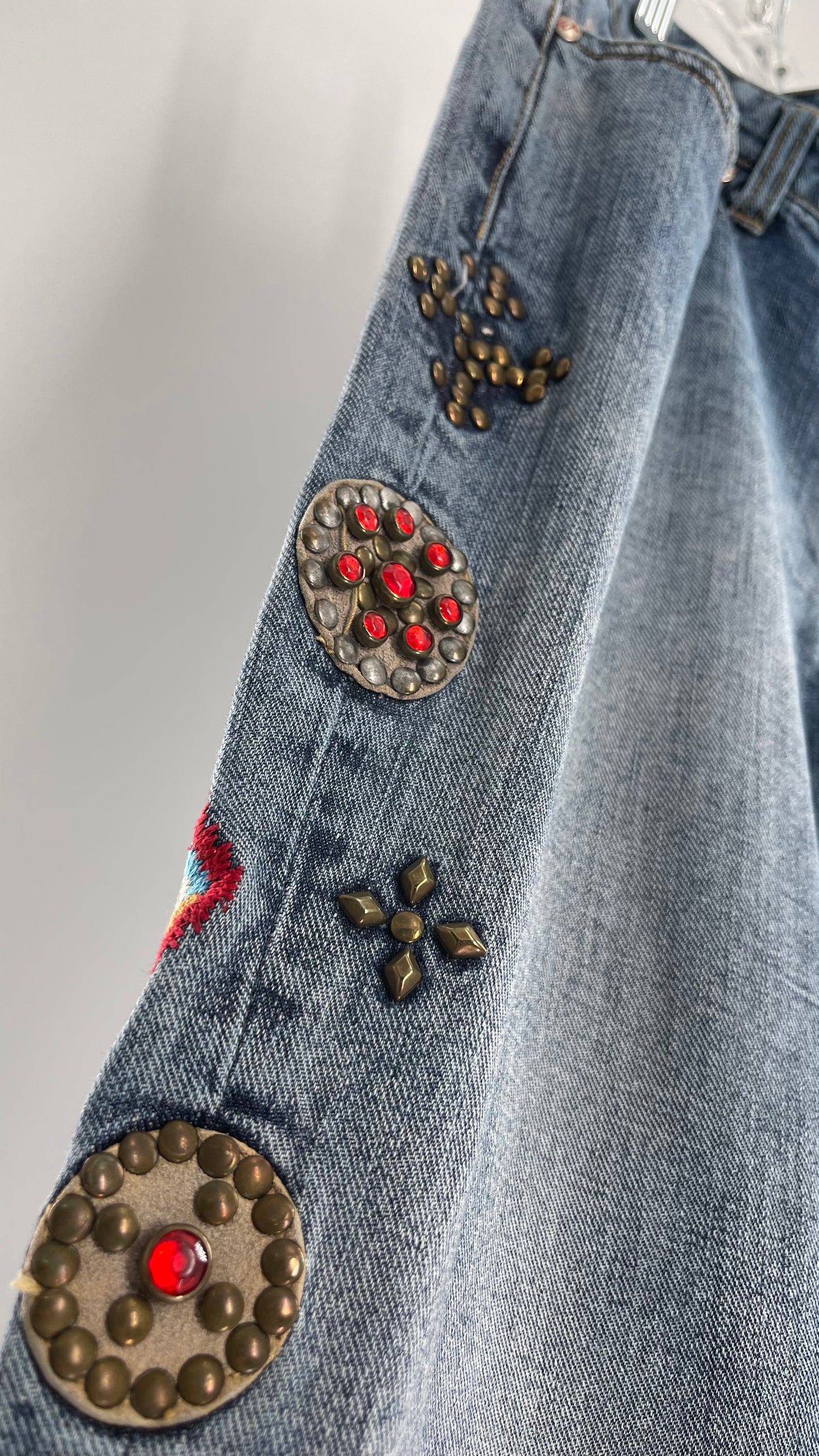 Western Denim Bank Light Wash Straight Legs with Gold/Bronze Metal Studs and Jewels (29)