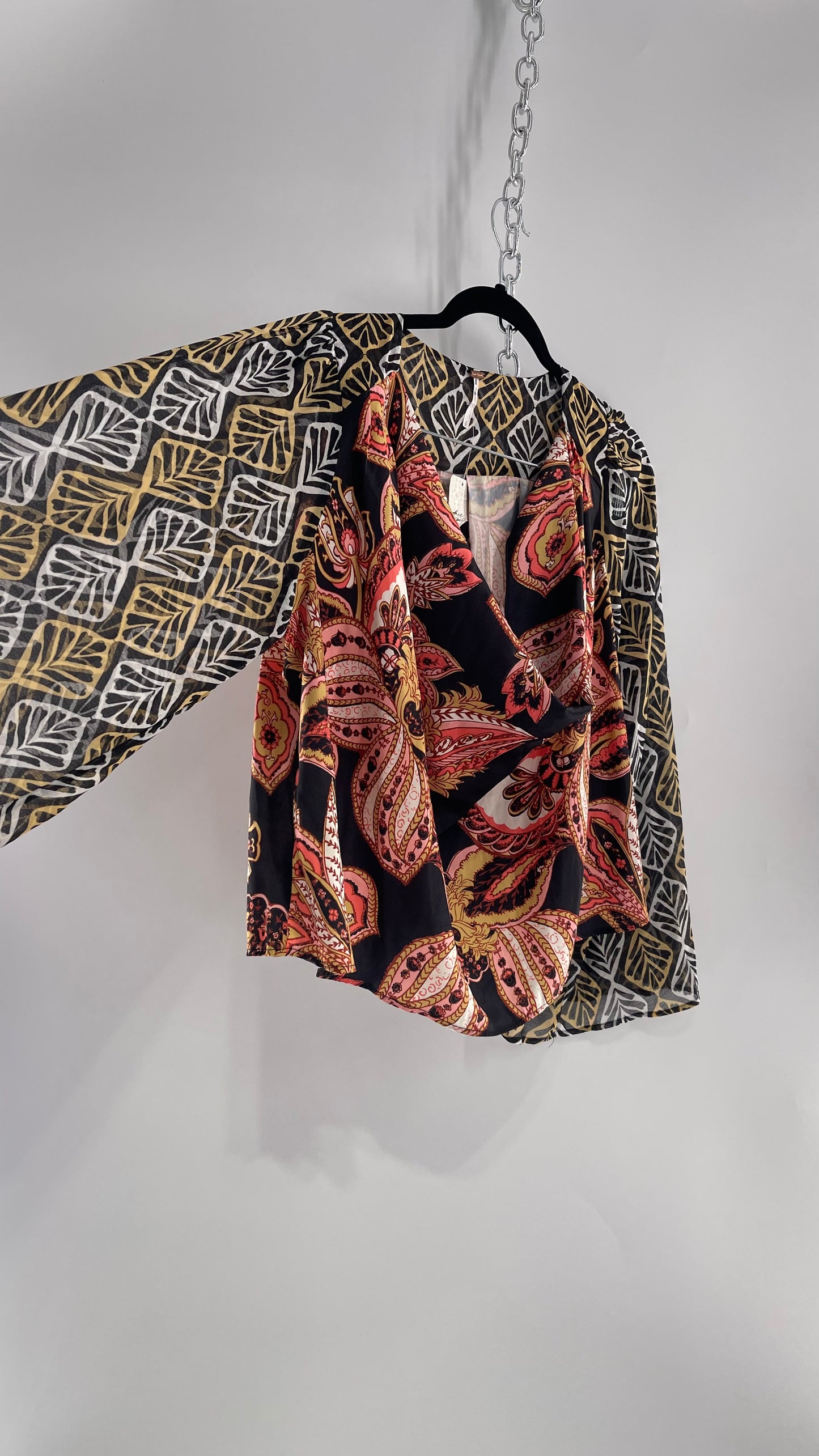 Free People Paisley Bodice Blouse with Sheer Contrast Sleeves, Draping Neckline and Tags Attached (Small)
