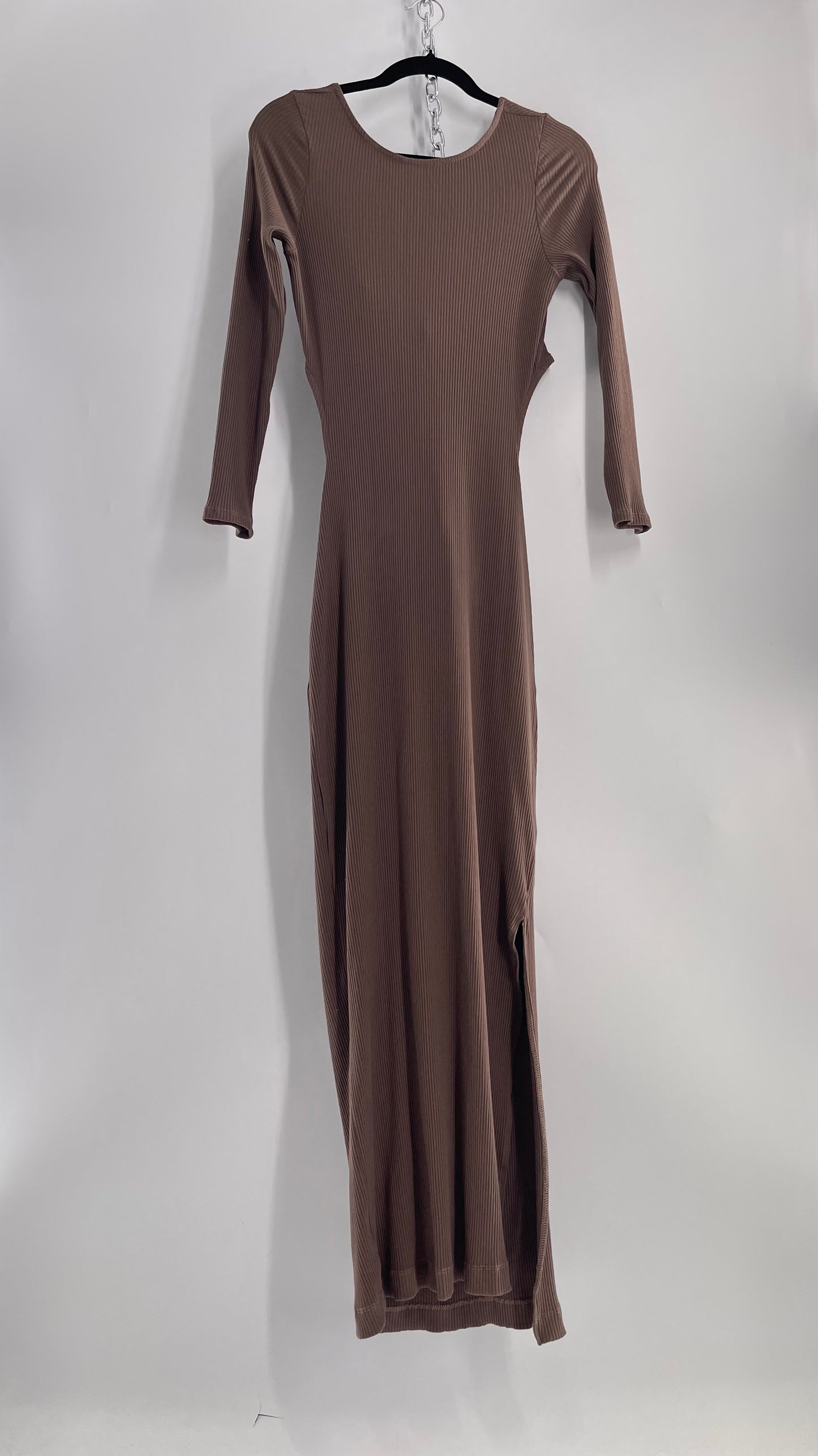 Free People Brown Ribbed Maxi Dress with Low Open Back and Dramatic Tie Detail (Large)