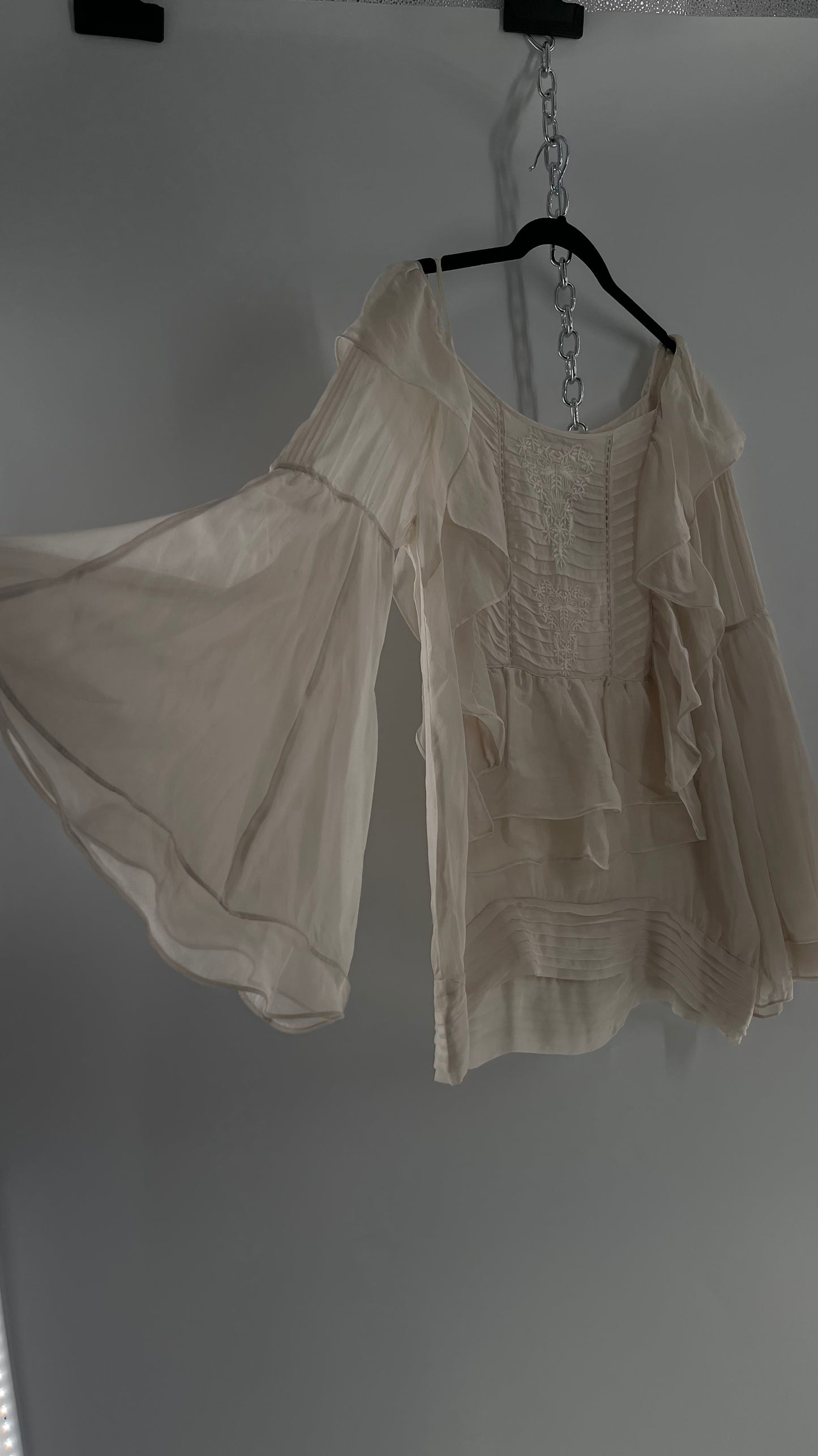 ZARA Ruffled and Embroidered Bell Sleeve Blouse (Large)