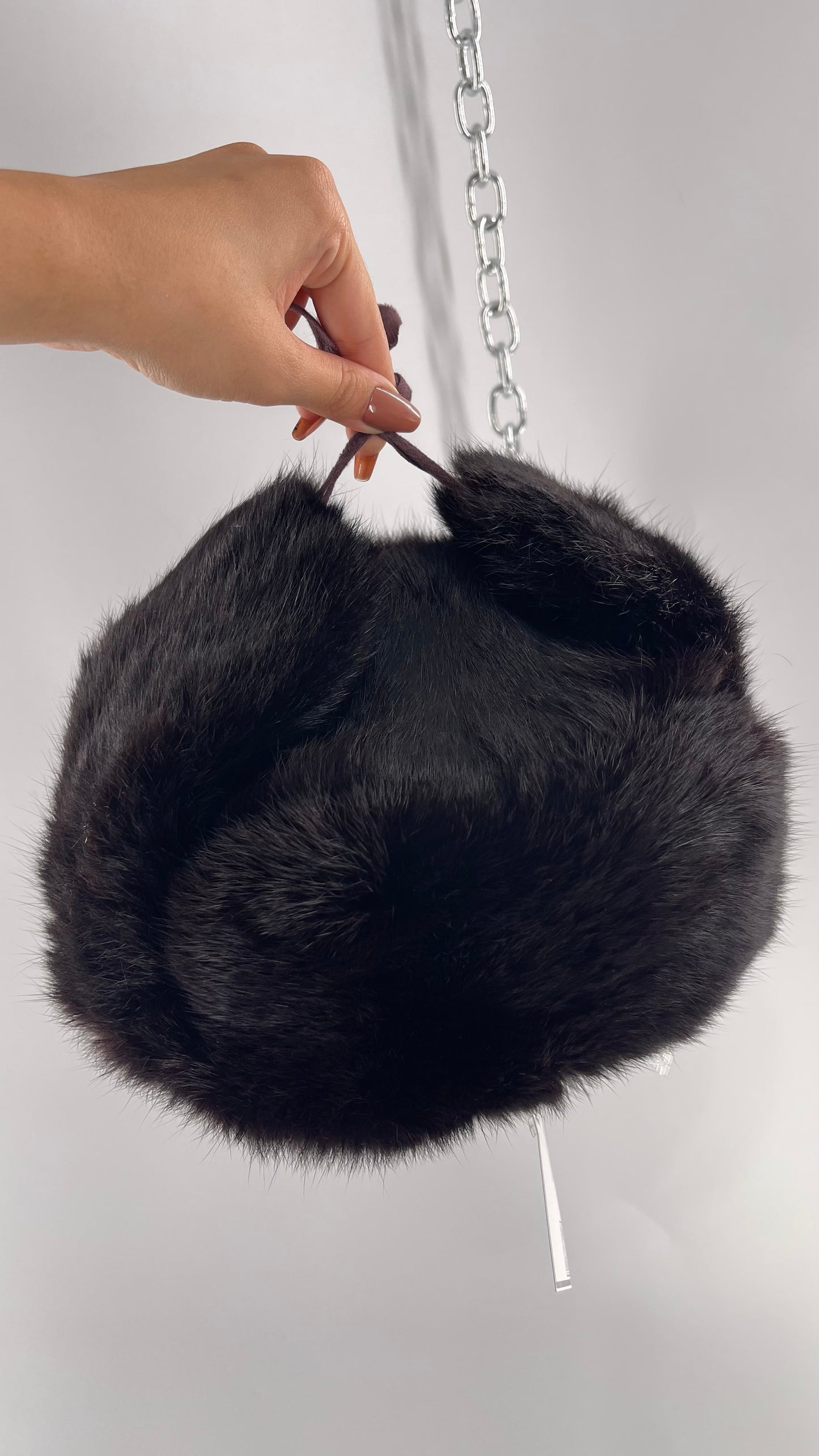 Vintage Russian Black Genuine Rabbit Fur Roller Hat with Pull Down Ear Muff Flaps