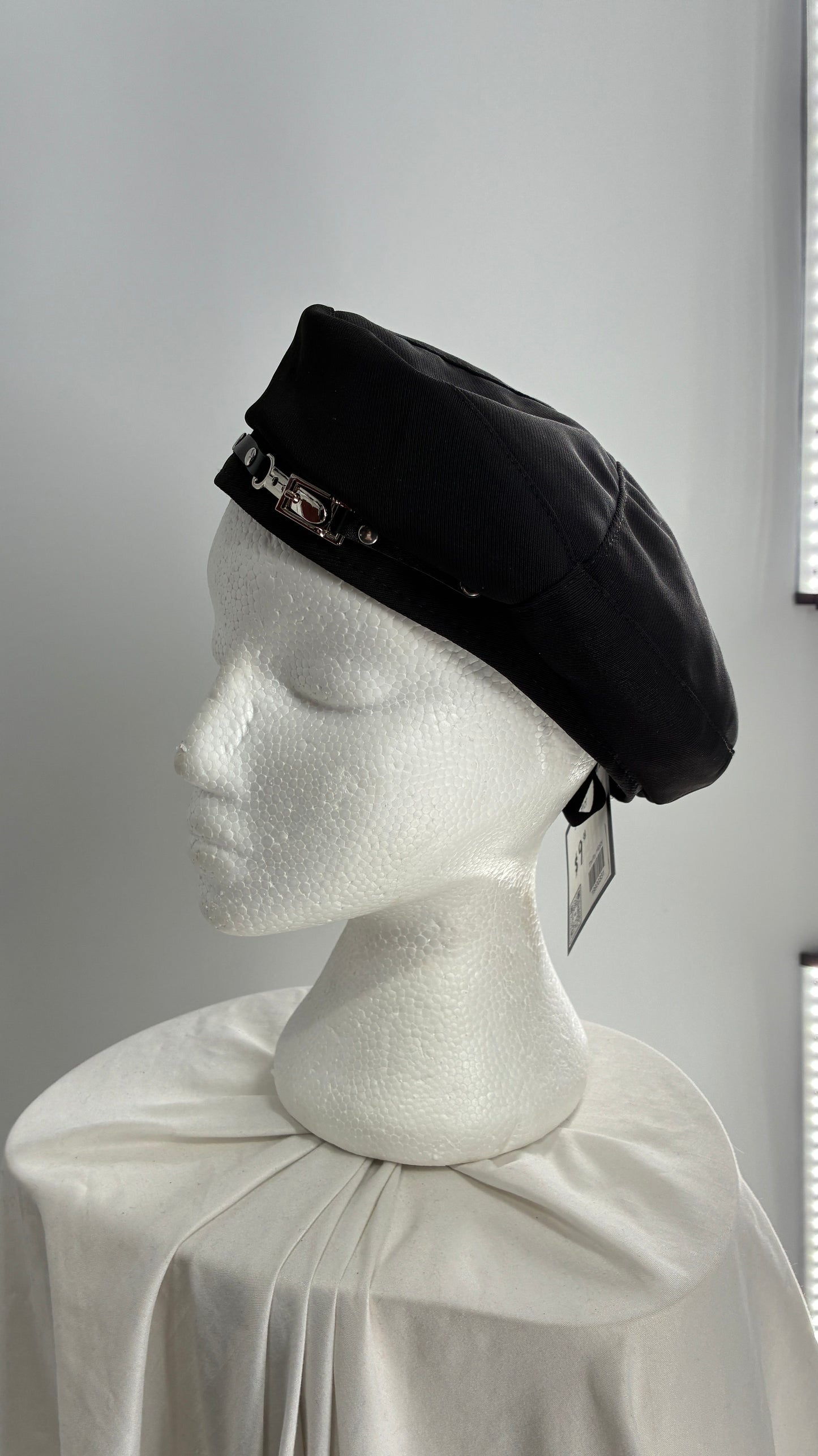 Black Beret with Vegan Leather Strap with Silver Metal Hardware