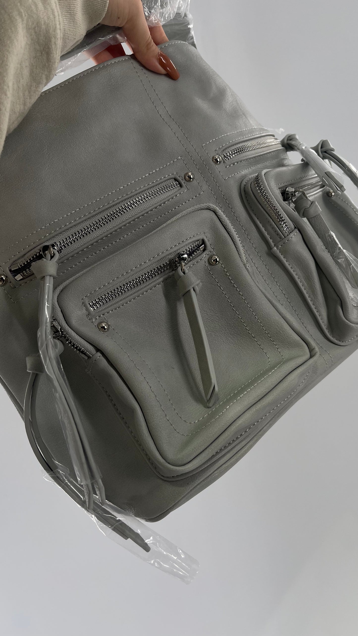 Free People Grey Leather Bag with Heavy Silver Metal Detailing, Pockets and Extra Strap