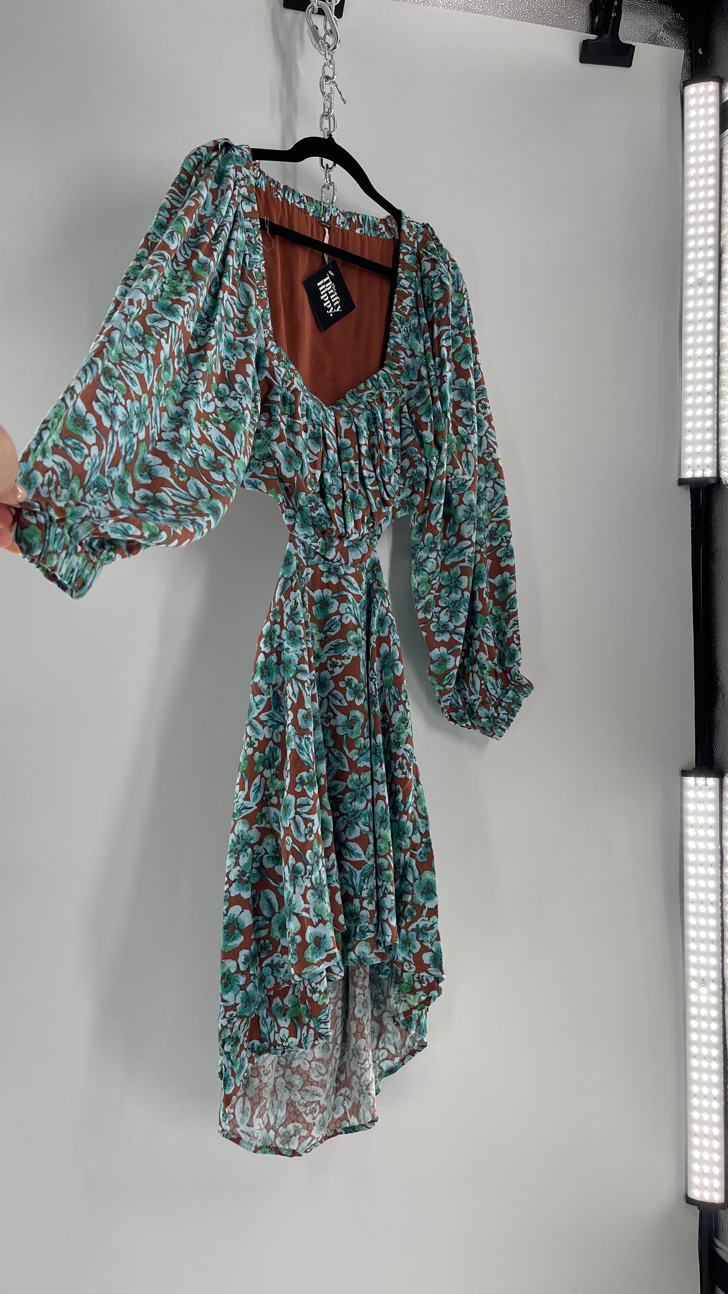 Free People Brown Cut Out Milkmaid Mini with Blue Florals (Medium)
