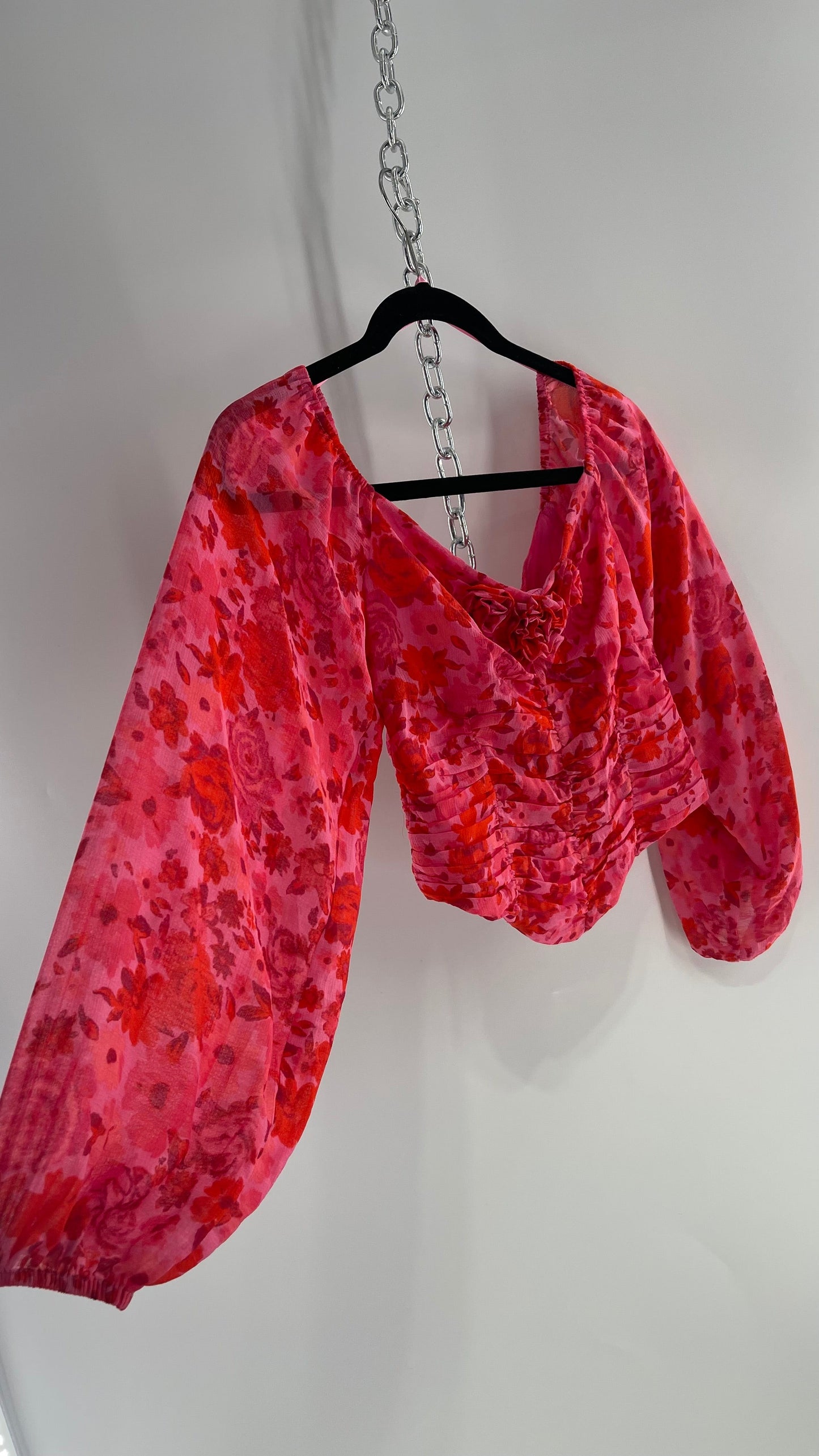 Free People Cropped Floral Blouse with Ruched Body, Balloon Sleeves and Appliqué Rosette Bustline with Tags Attached (XS)