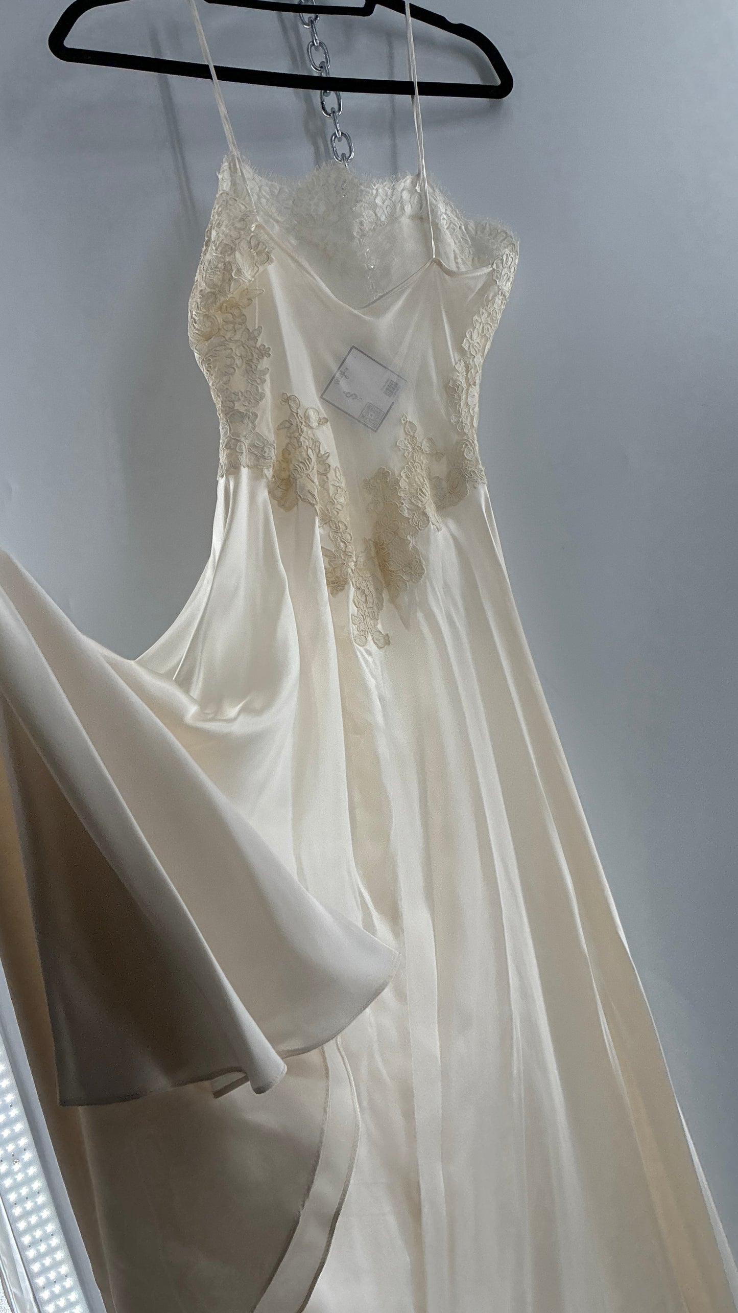 Vintage JONQUIL 100% Silk Gown with Heavy Lace Appliqués and Low Cut Sheer Back (Medium)