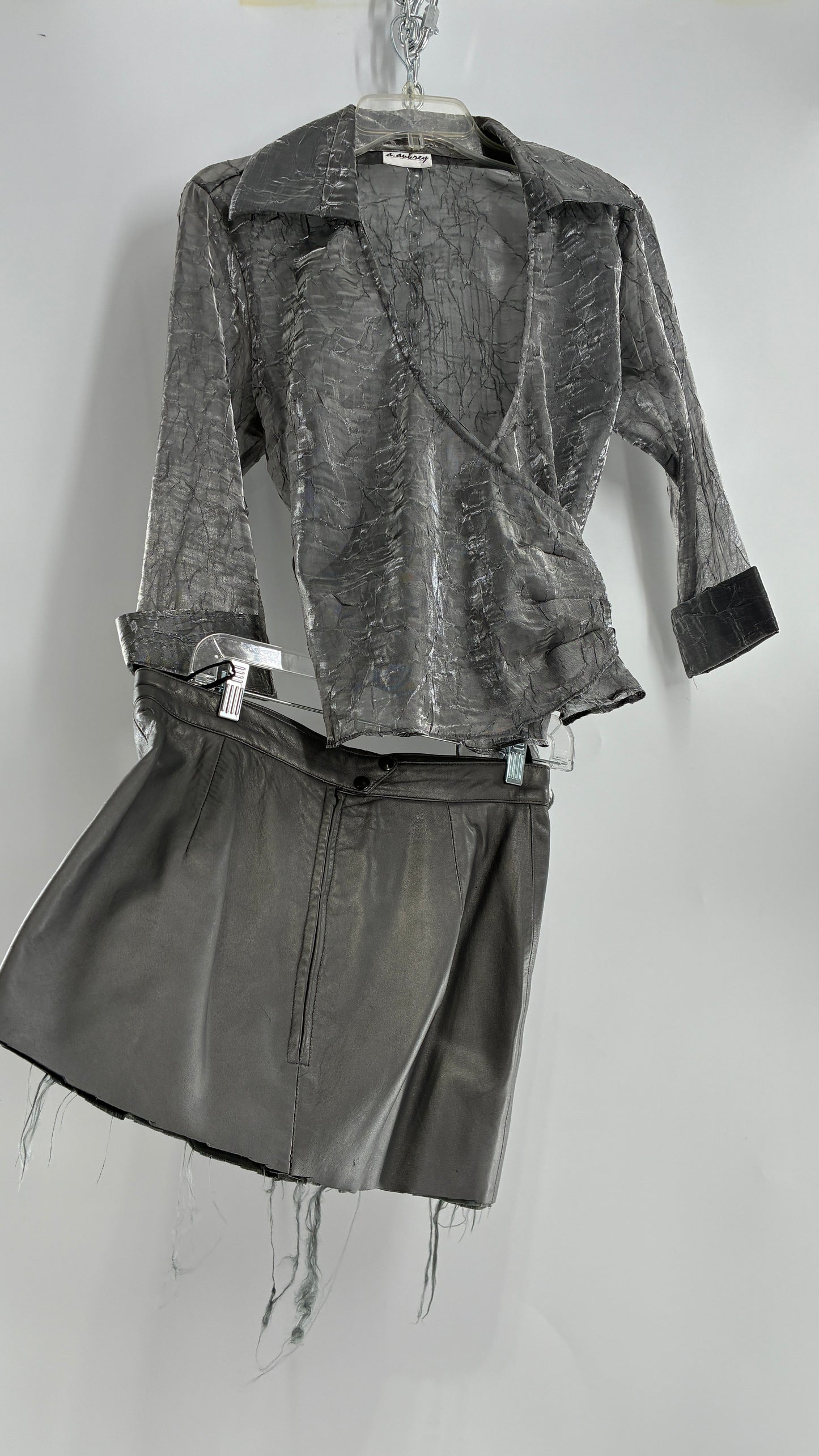 Vintage 1980s JUST PIERRE 3pc Metallic Silver Leather Trench Coat, Micro Mini Skirt and Sheer Blouse Set (S/M)
