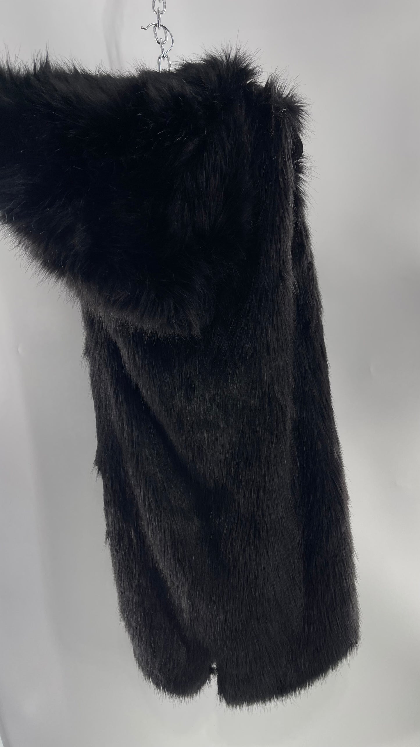 Full Length Black Fuzzy Sleeveless Vest with Oversized Hood (Medium)