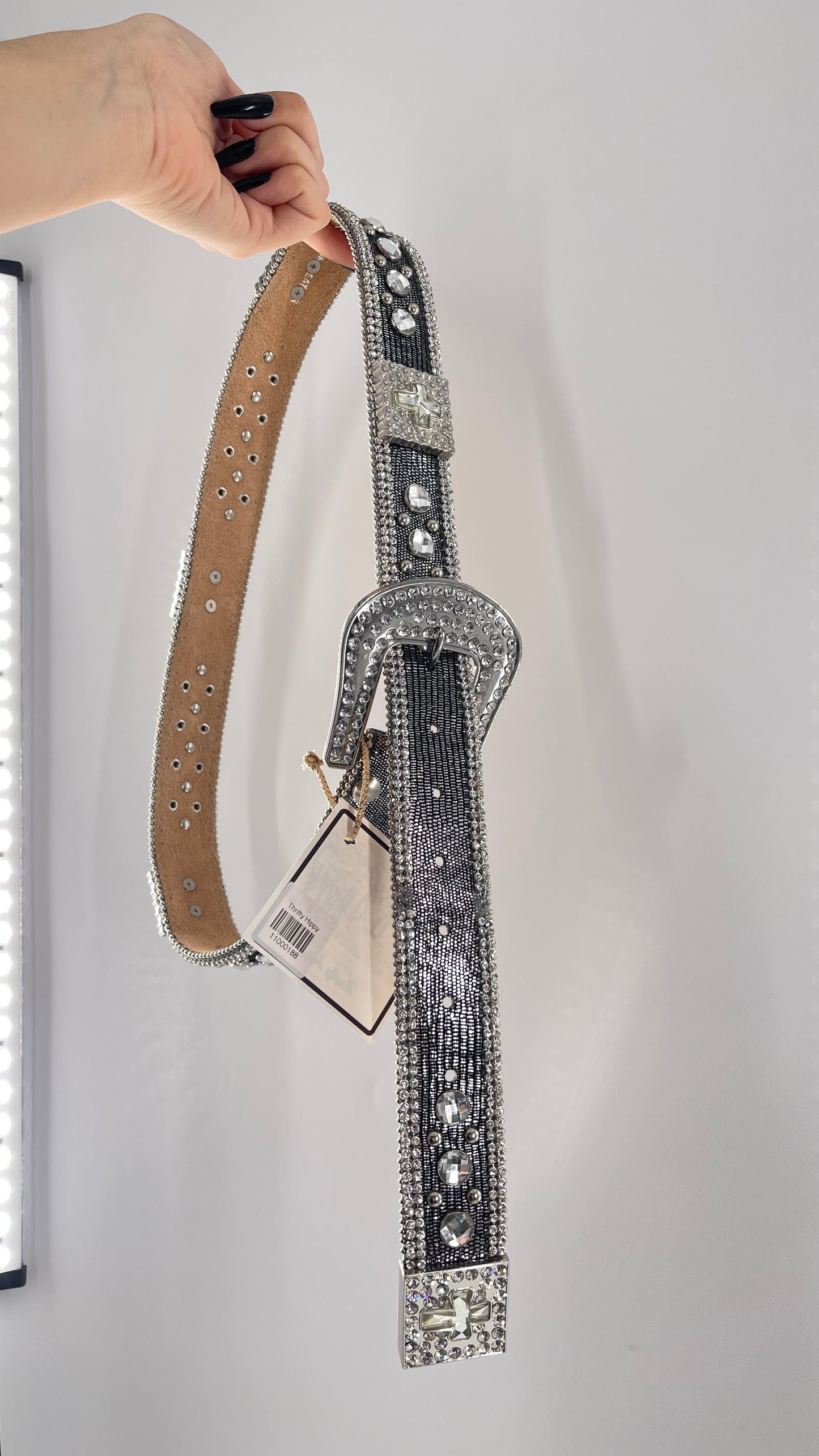 Free People Dark Silver Metallic Snake Print Belt covered in Crystal Embellishments and Heavy Metal Crosses (M)