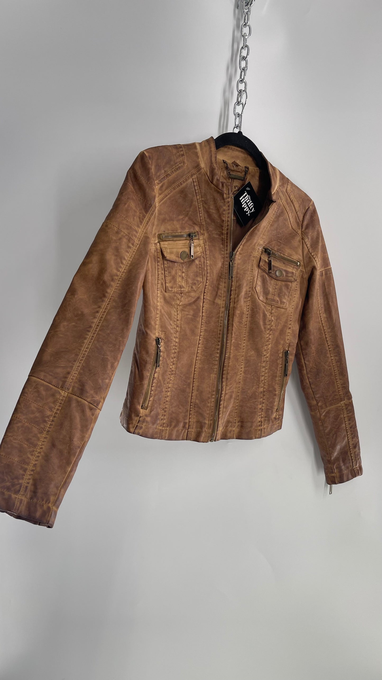 Vintage Brown Vegan Leather Distressed Motorcycle Jacket (Small)
