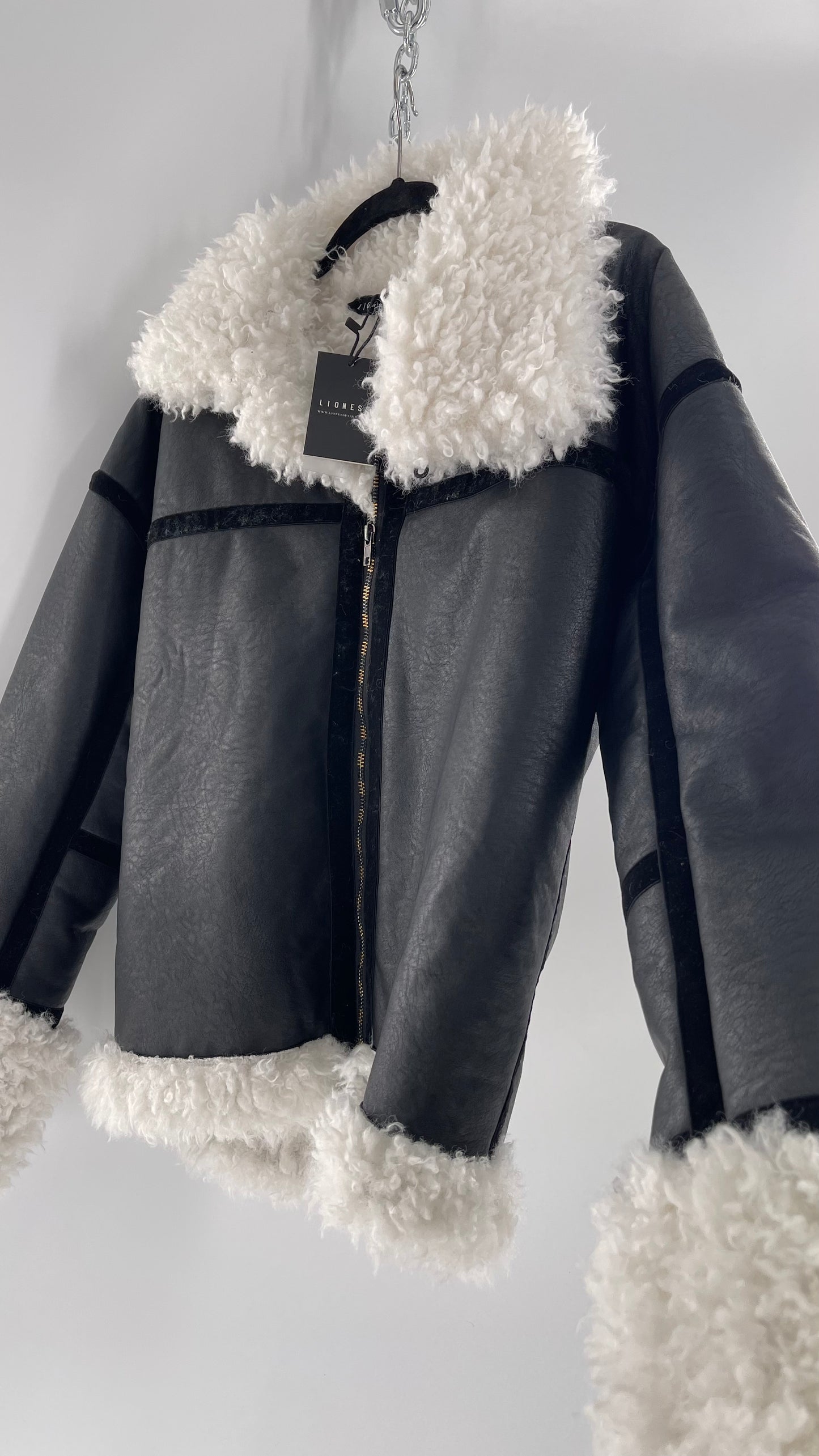 LIONESS Phoenix Jacket Black Faux Leather White Fur Trim (Large)