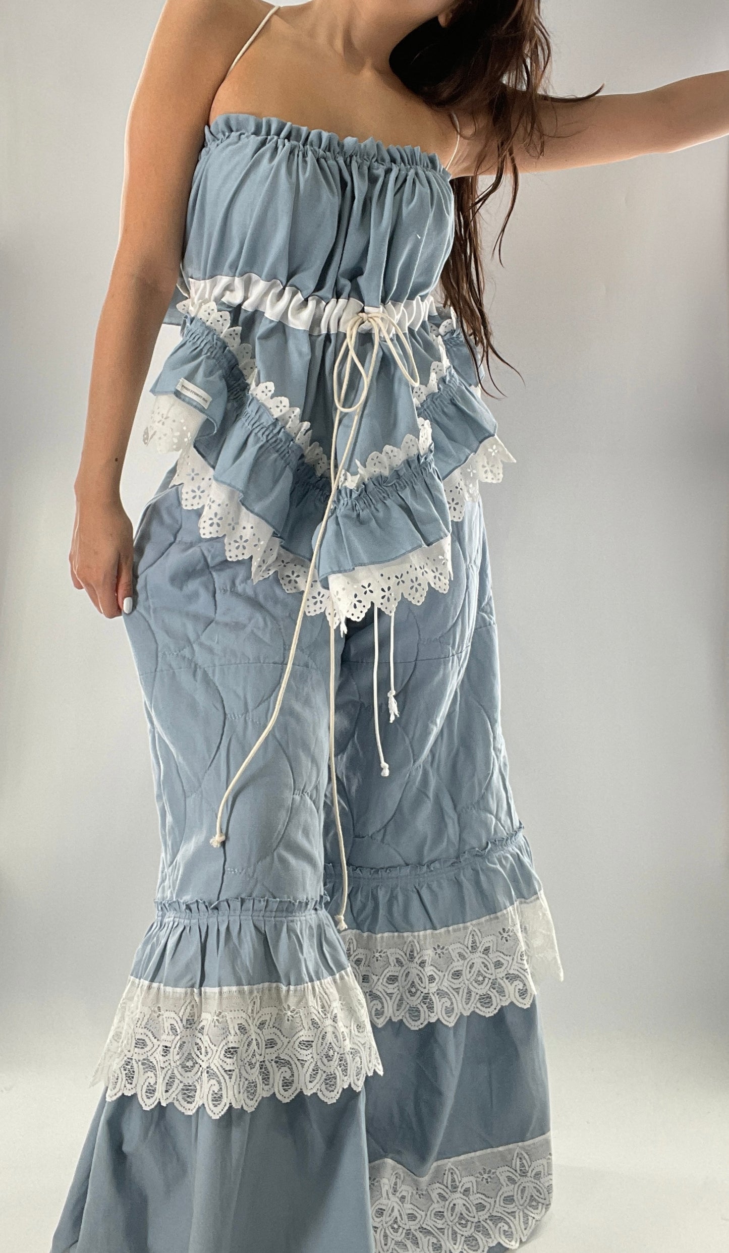 Vintage 2 Piece Powder Blue Set Featuring 2Way Blouse and Quilted Trousers Covered in Ruffles, Lace and Trim (One Size)