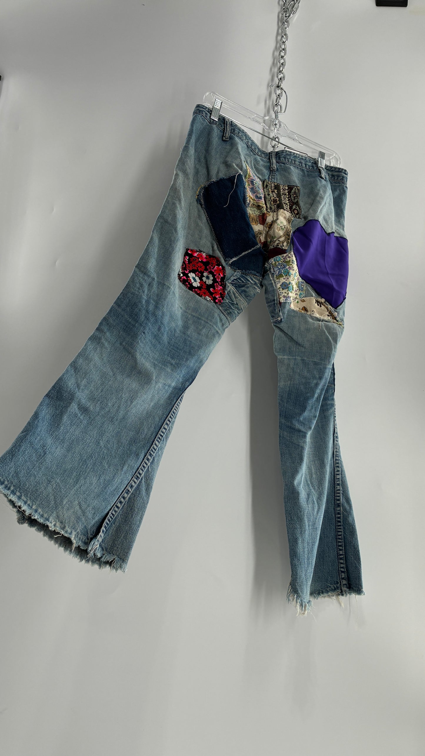 Vintage Rare 1970s Light Wash, Low Rise Boot Cut Jeans with Hand Stitched Tapestry Style Patches and Purple Heart on Bum (Measurements Below)