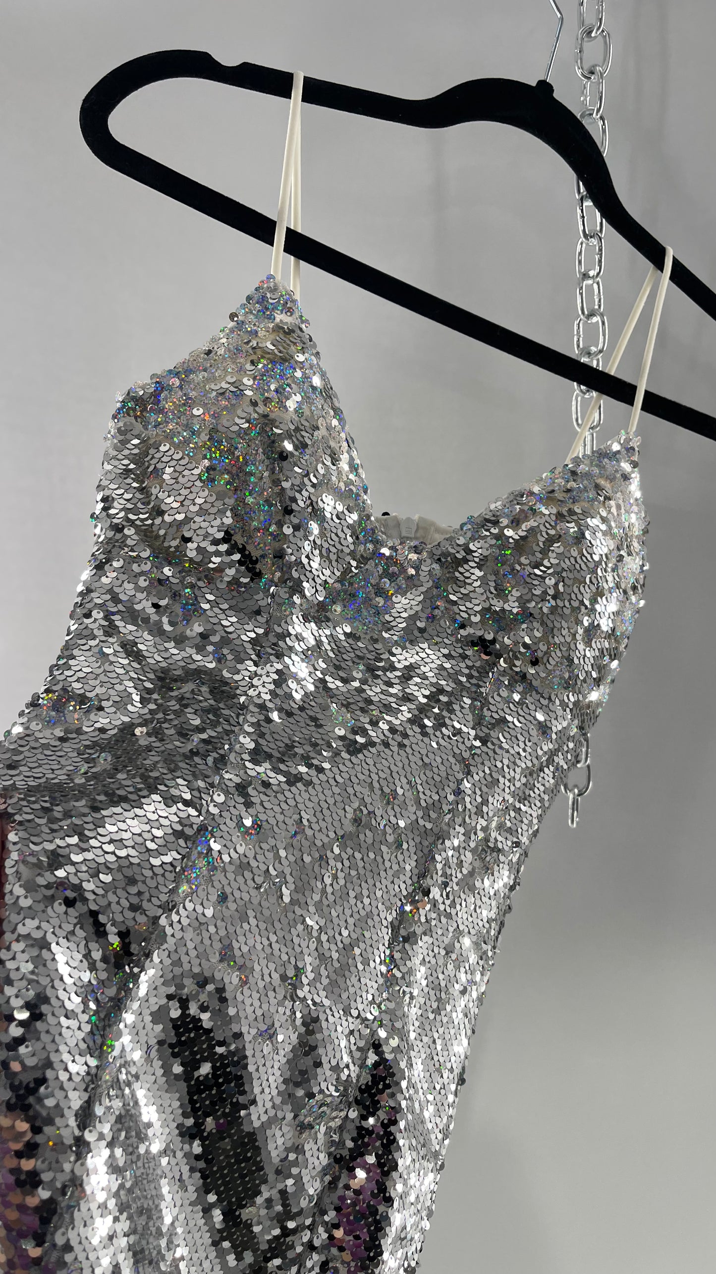 Princess Polly Silver Iridescent Sequin Mini Dress with Triangle Cups and Thigh Slit (0)