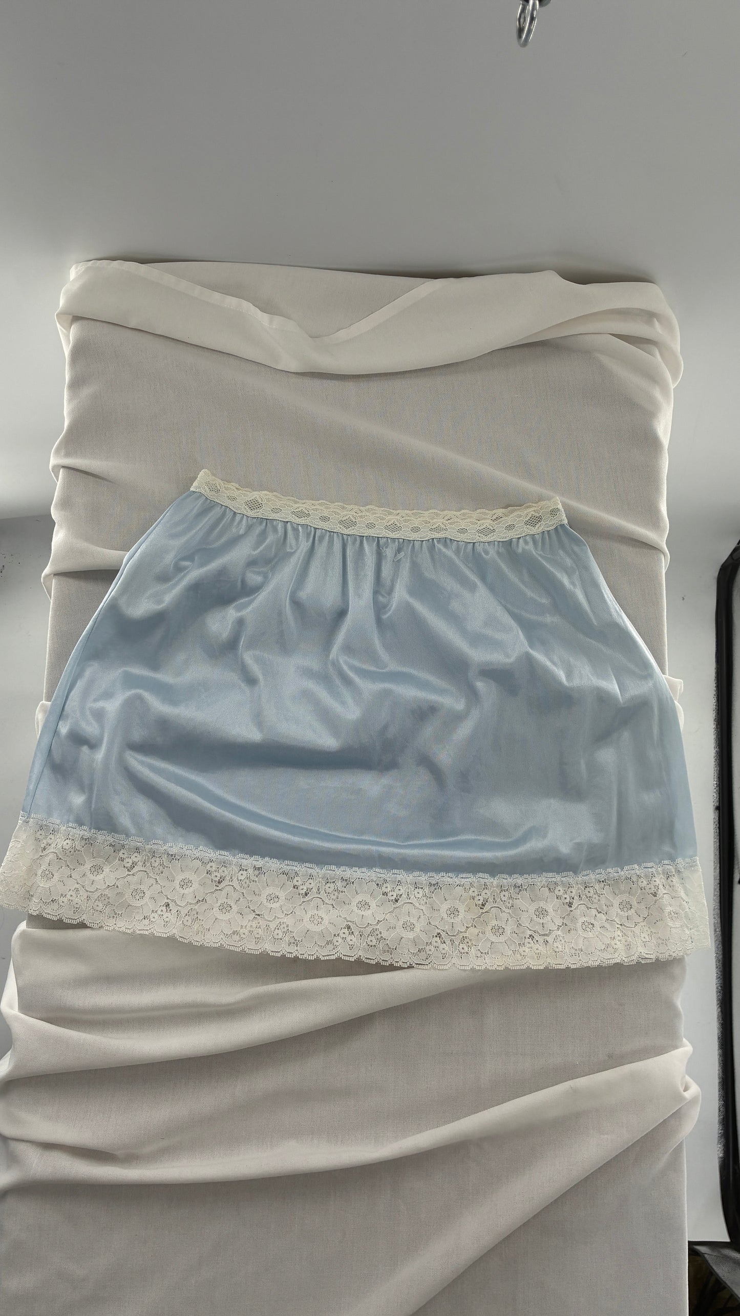 Vintage VELROSE Baby Blue Mini Skirt with Thick White Lace (Large)