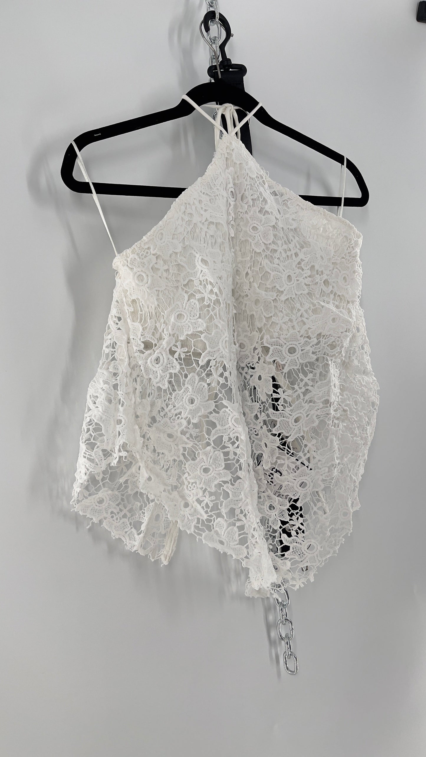Free People White Smocked Halter with Lace Overlay (Medium)