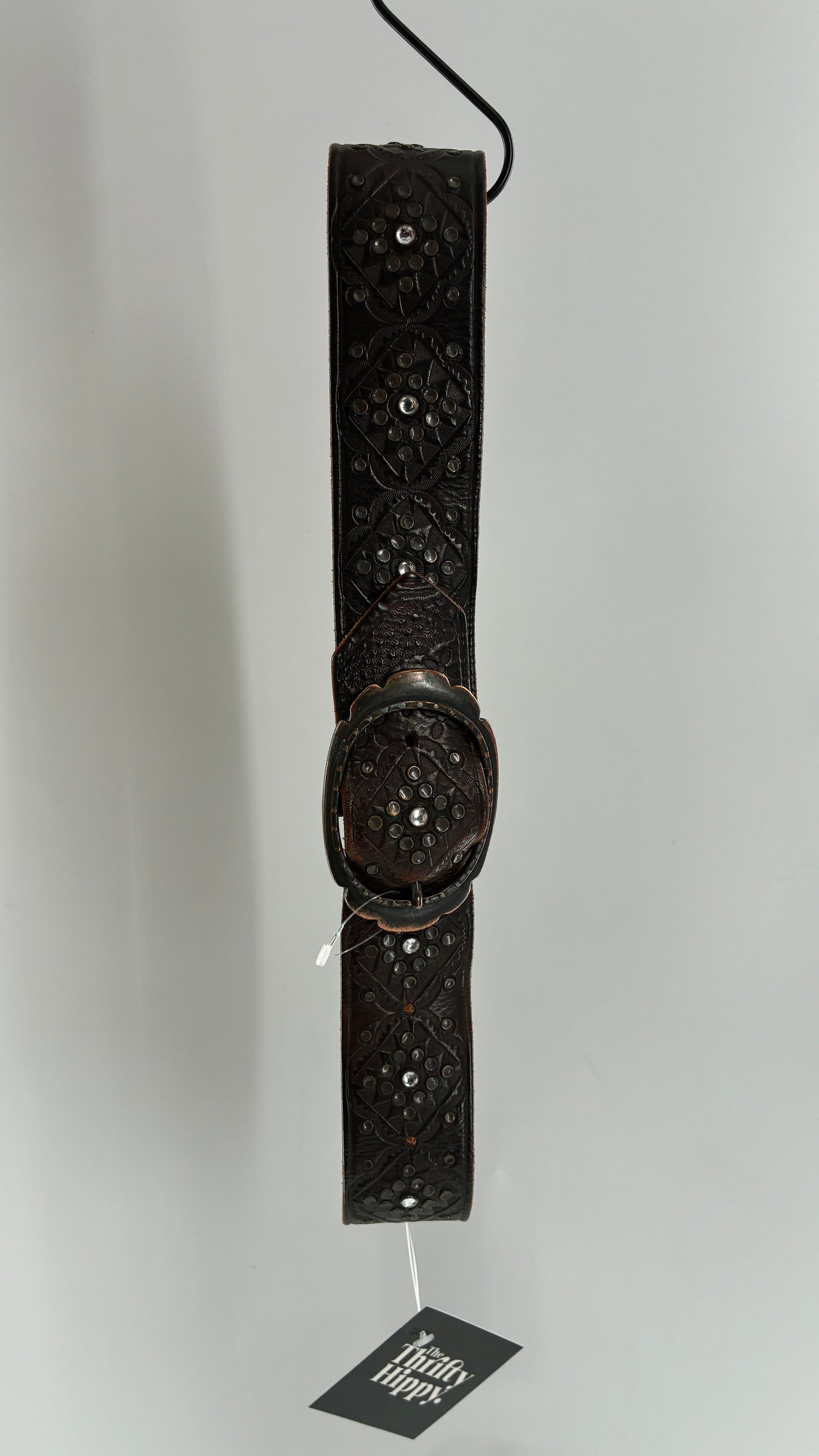 Vintage Abercrombie & Fitch Brown Leather Embossed Belt with Rhinestone Details (Small)