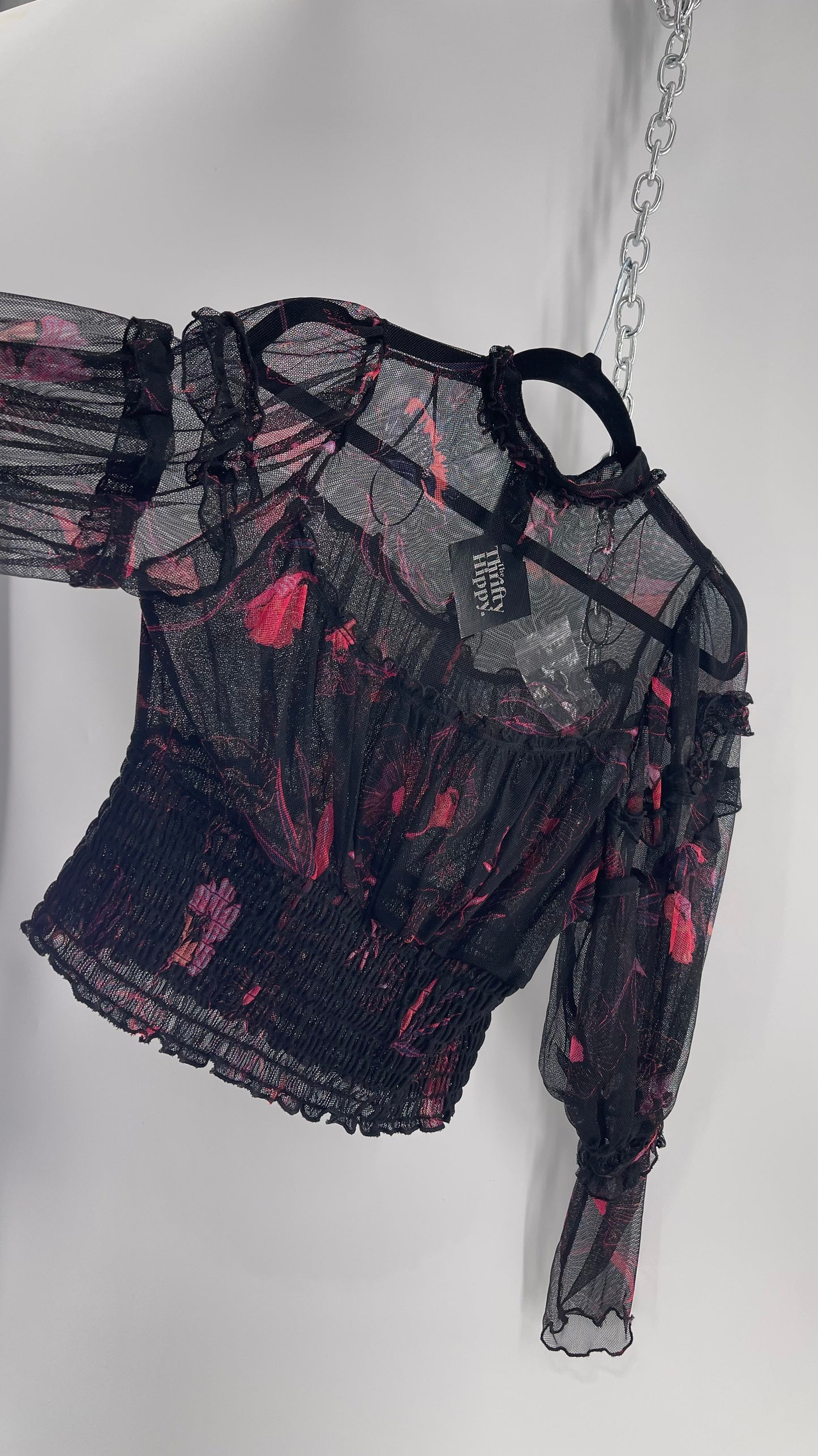Free People Black Mesh Top with Smocked Waist, Buttoning and Contrasting Florals (Medium)