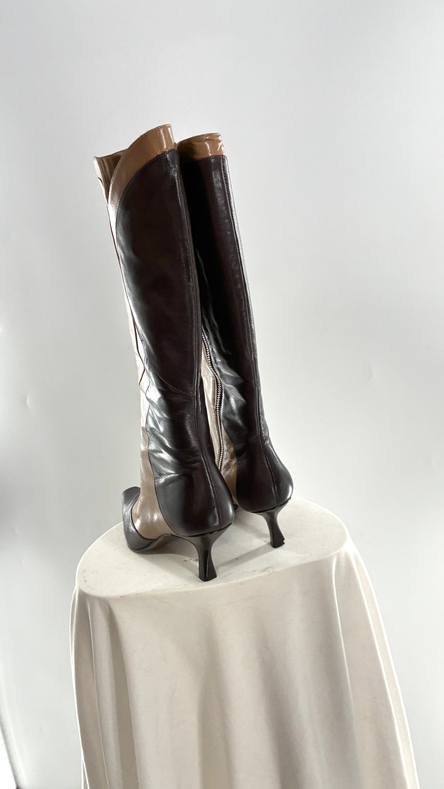 Vintage ANN MARINO Knee High Pointed Toe Abstract Patchwork Boots (6.5)