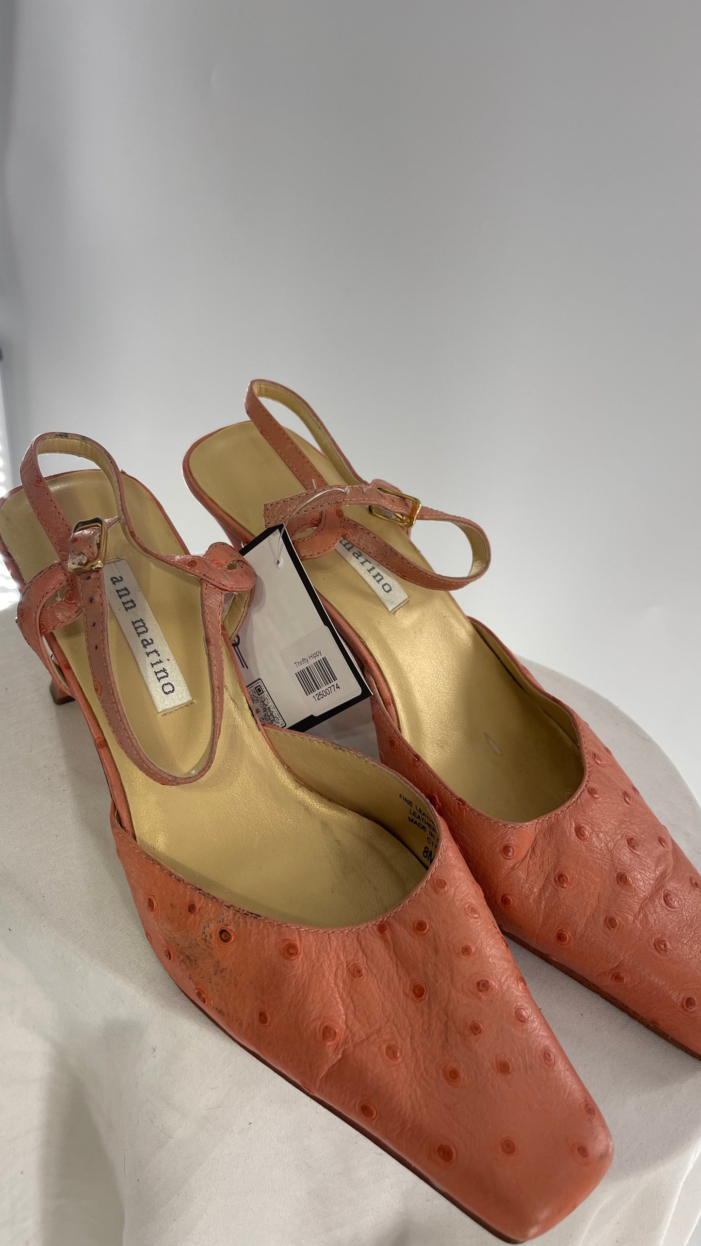 Vintage 1990s Ann Marino Pink Peach Genuine Leather Sling Back Pointed Square Toe Kitten Heel (8)