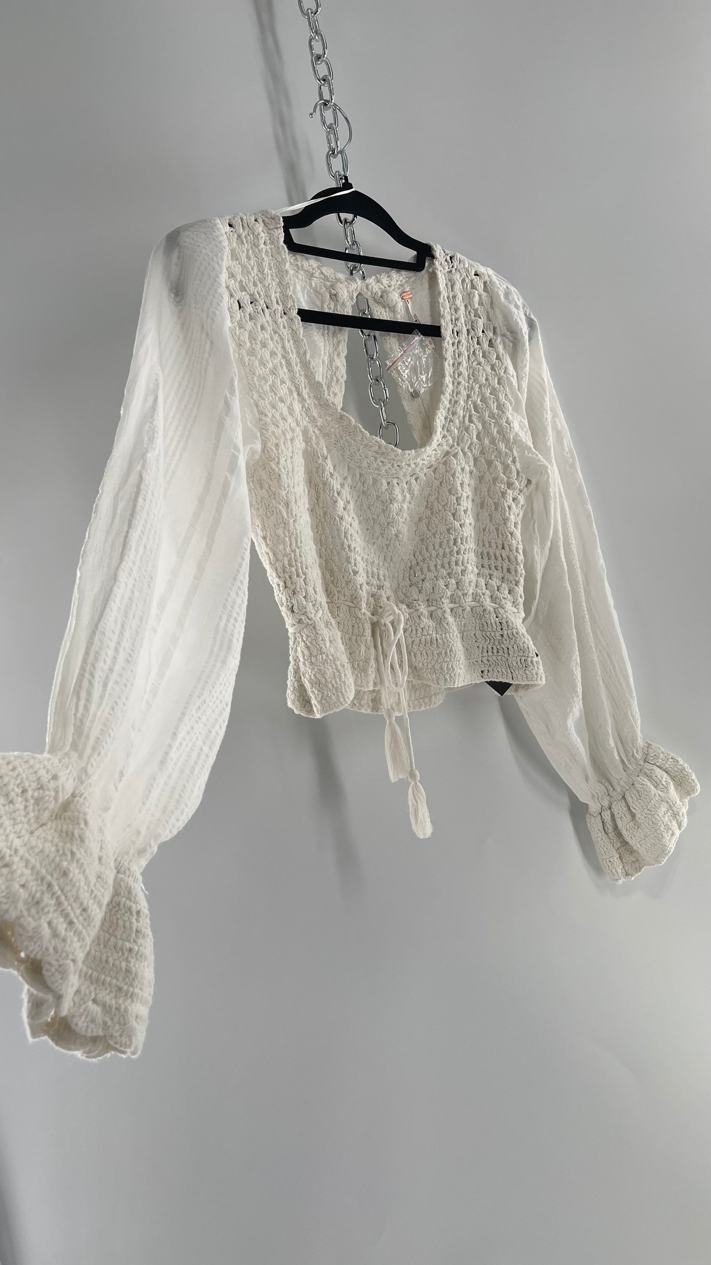 Free People White Megan Blouse with Crochet Knit Bodice and Open Back (XS)