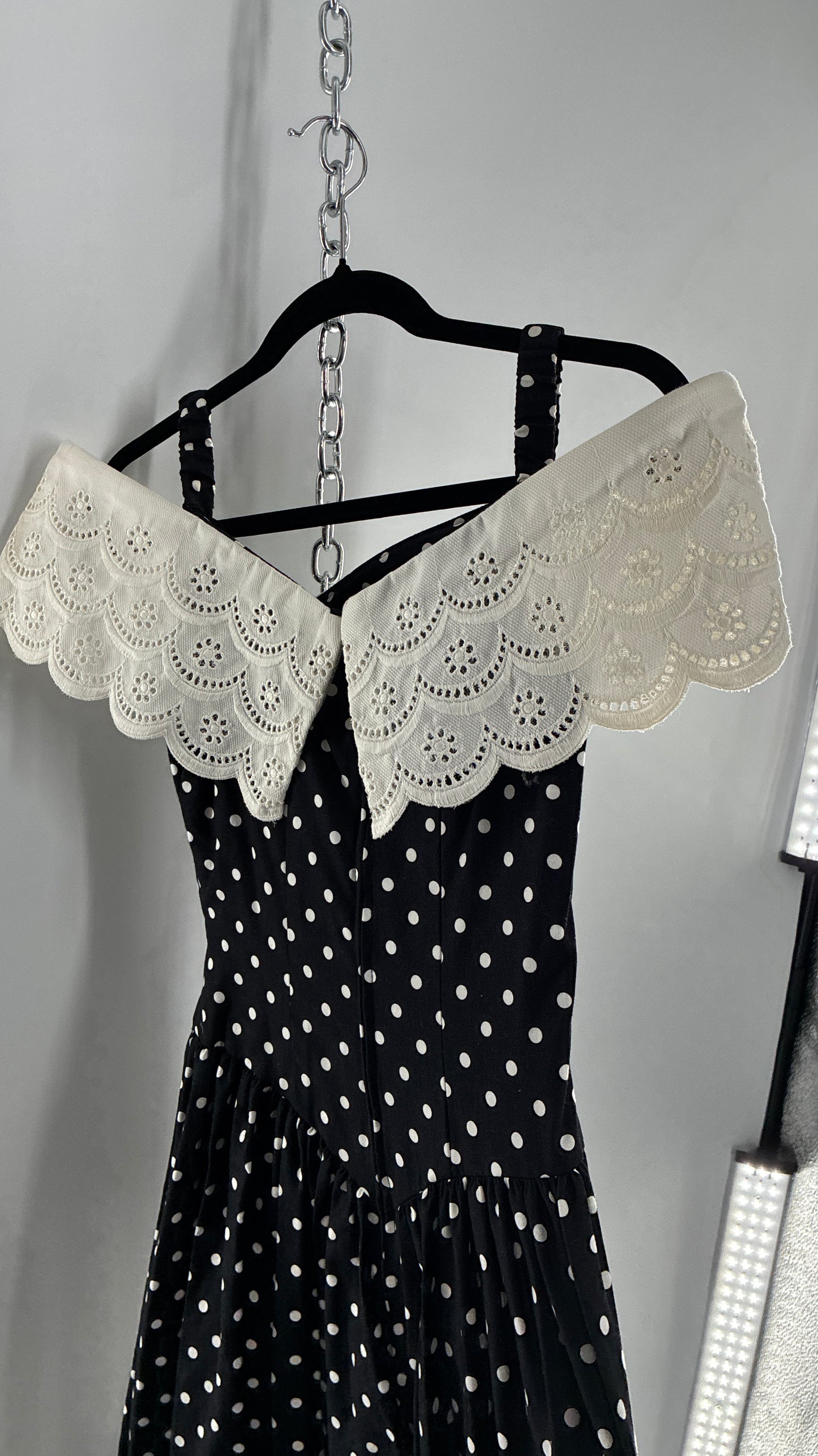 Vintage Handmade Black and White Polka Dot Pointed Waistline Gown with Off the Shoulder Stiff Lace Straps and Rosette Detail (8)