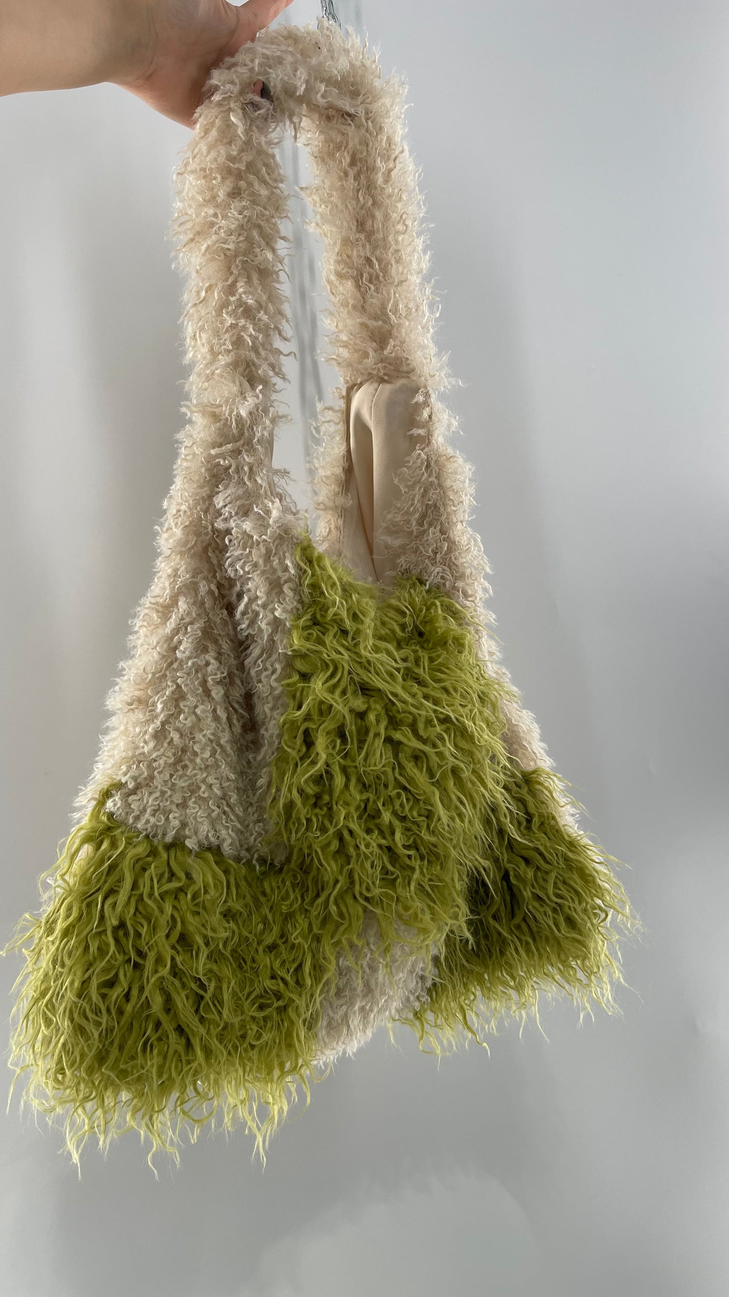 Free People Shaggy Green Beige Checkered Tote