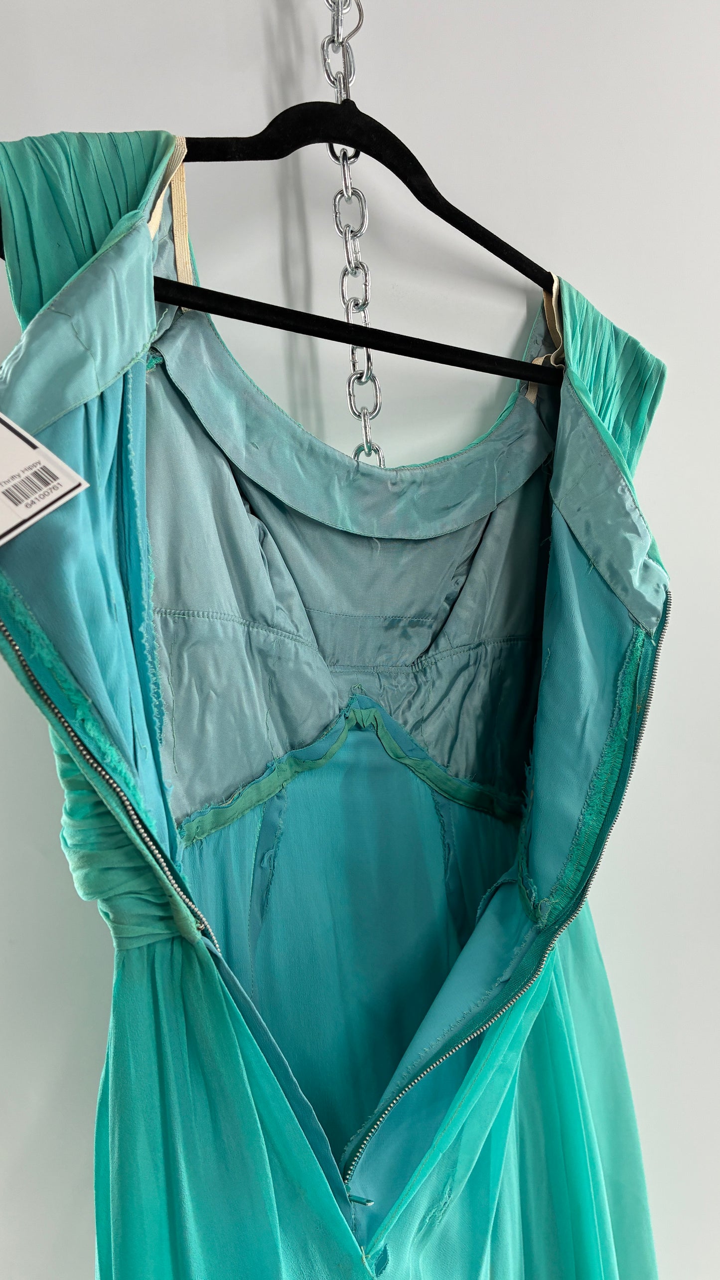 Vintage Teal Handmade Mini Dress with Pleated Basket Woven Bust (XS)
