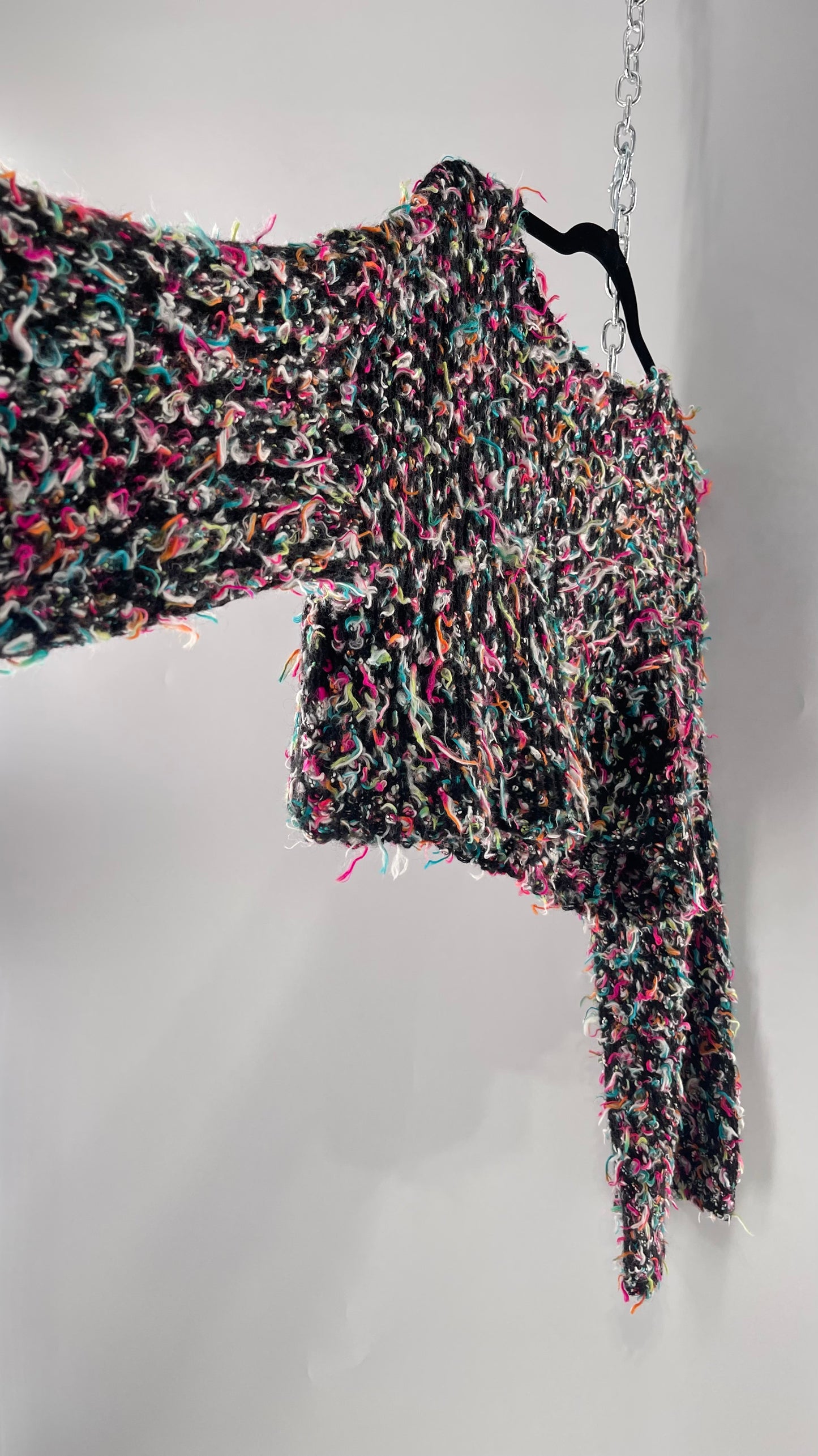 Urban Outfitters Shaggy Black Cropped Sweater with Colorful Threads (Medium)