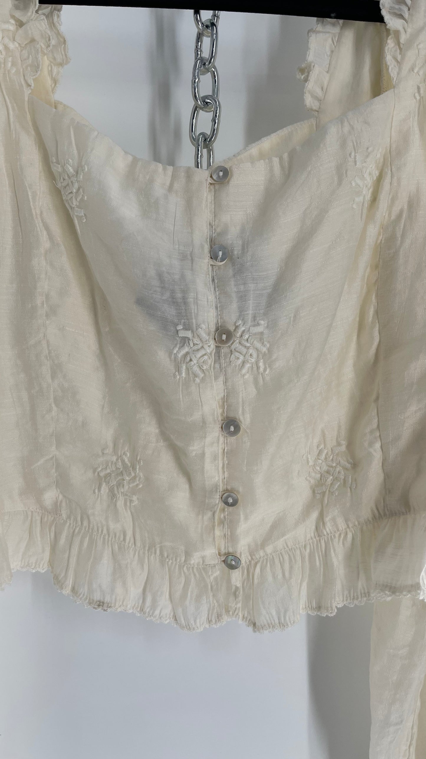 Free People White Cotton Bubble Sleeve Blouse with Embroidered Details (Medium)
