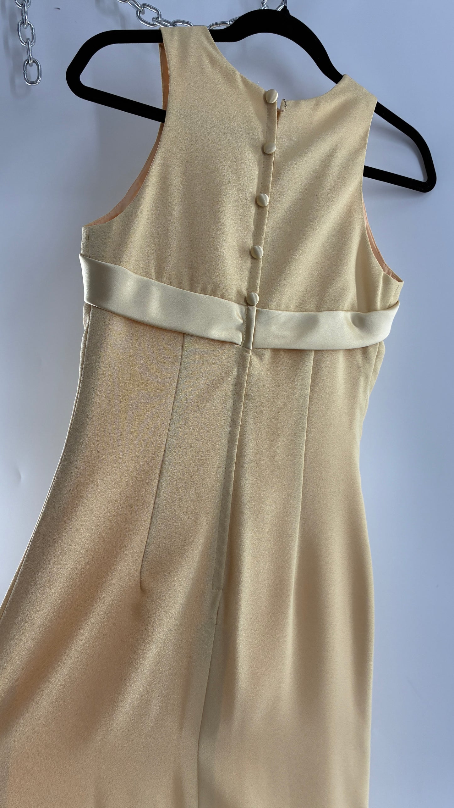 Vintage ALYCE’S Baby Yellow High Neck Satin Bow Bust, Side Slit, Button Back Gown (Measured)