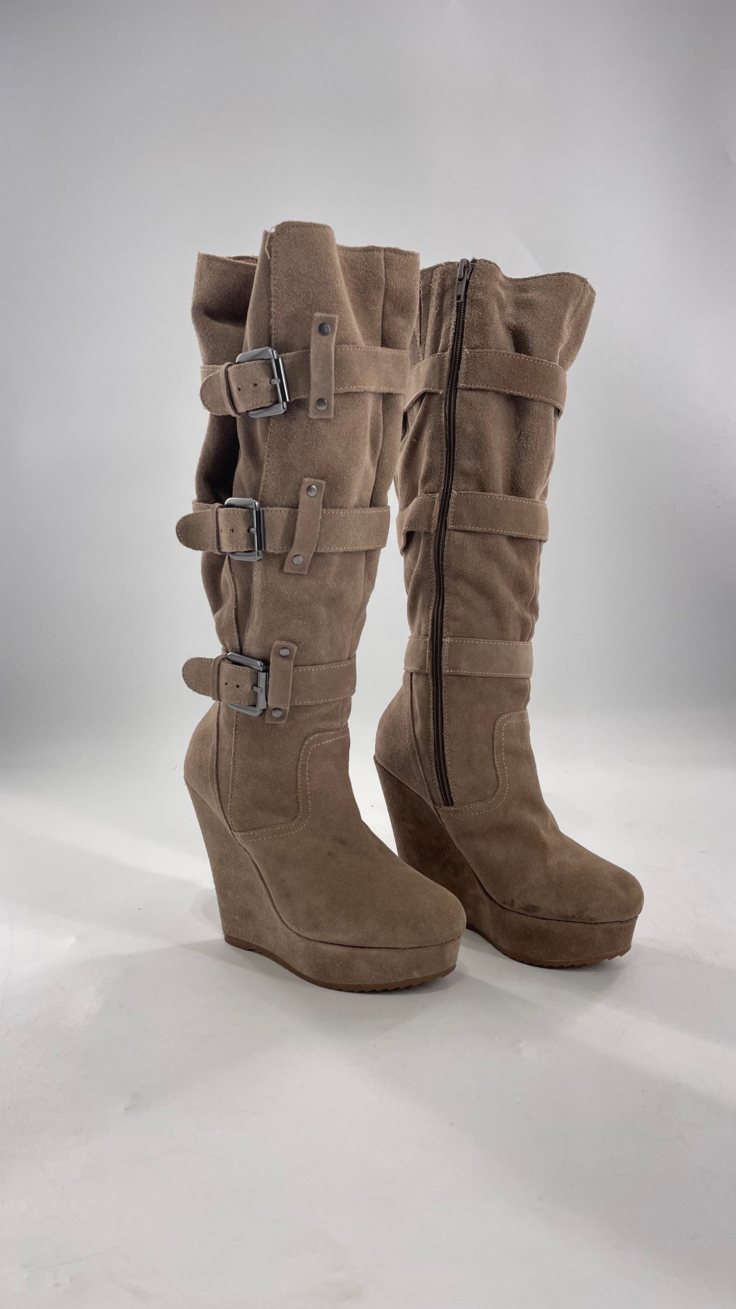 Vintage Bakers Genuine Suede Leather Gray/Tan Wedge Platform Knee High Boots with Gun Metal Buckles (6)