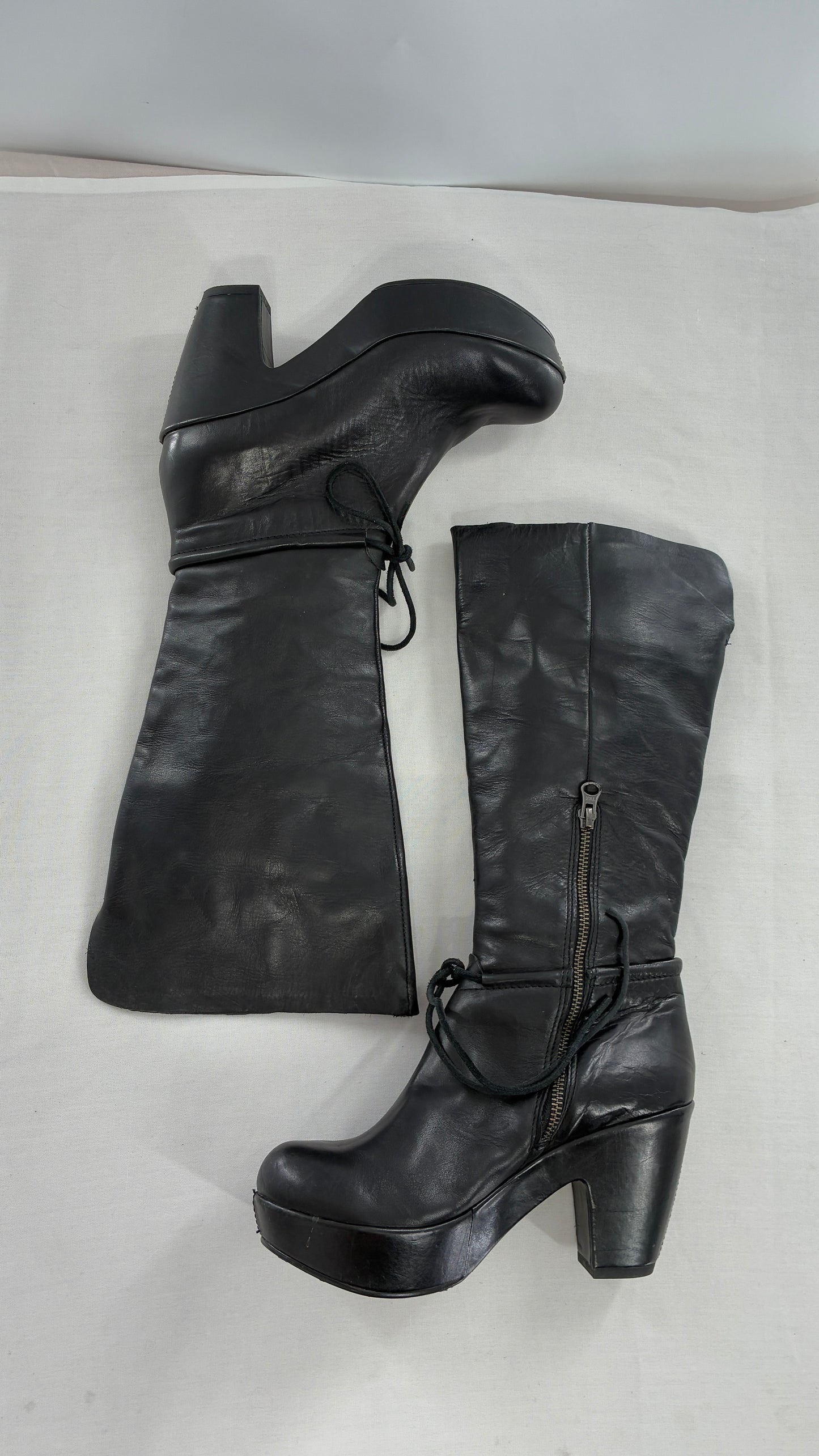 Vintage KORK EASE Black Genuine Leather Platform Clog, Knee High Boots (8/39)