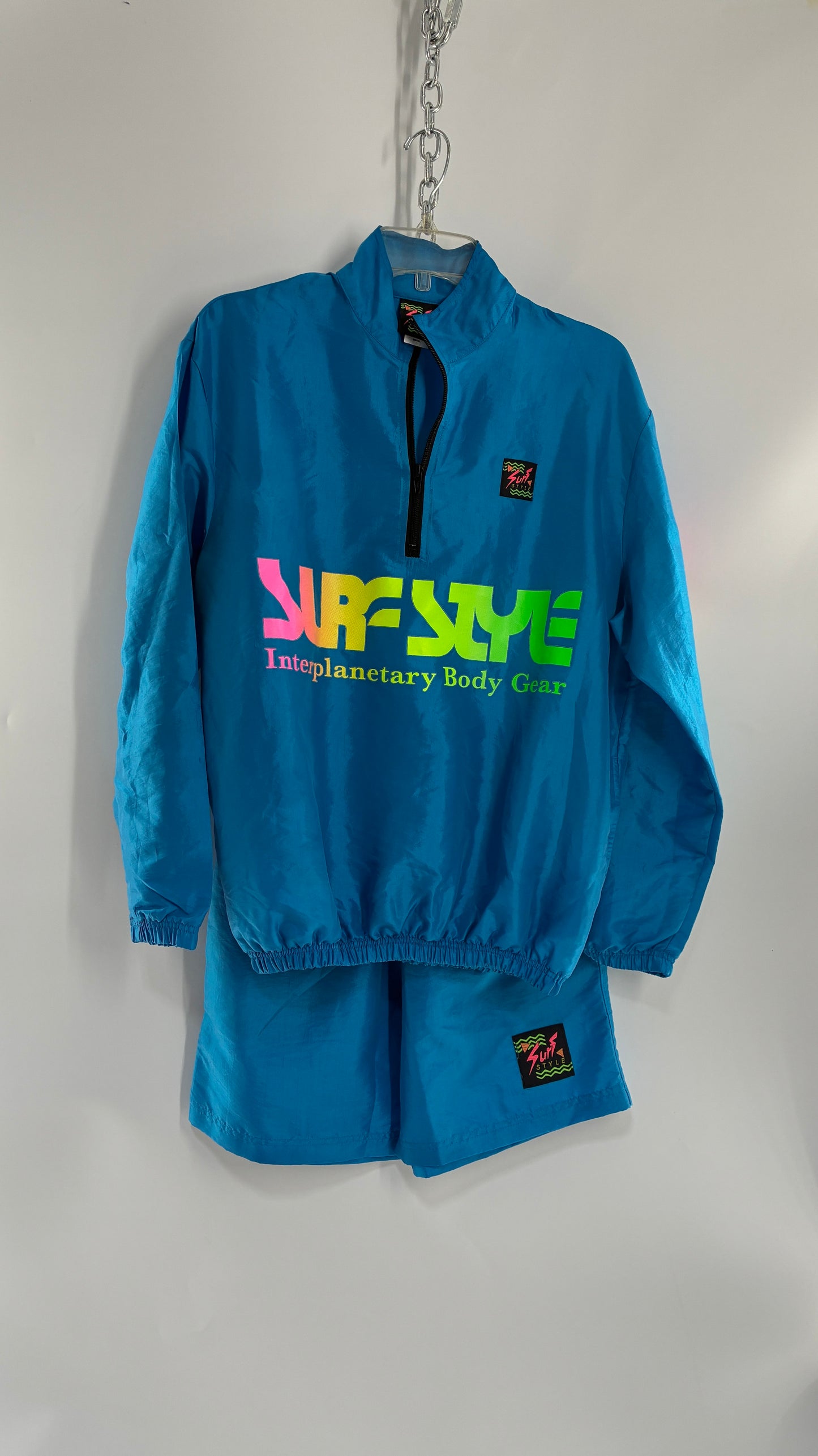 Vintage 1980s SURF STYLE Unisex Blue Track Workout Set with Windbreaker and Shorts, Neon Graphics (Small)