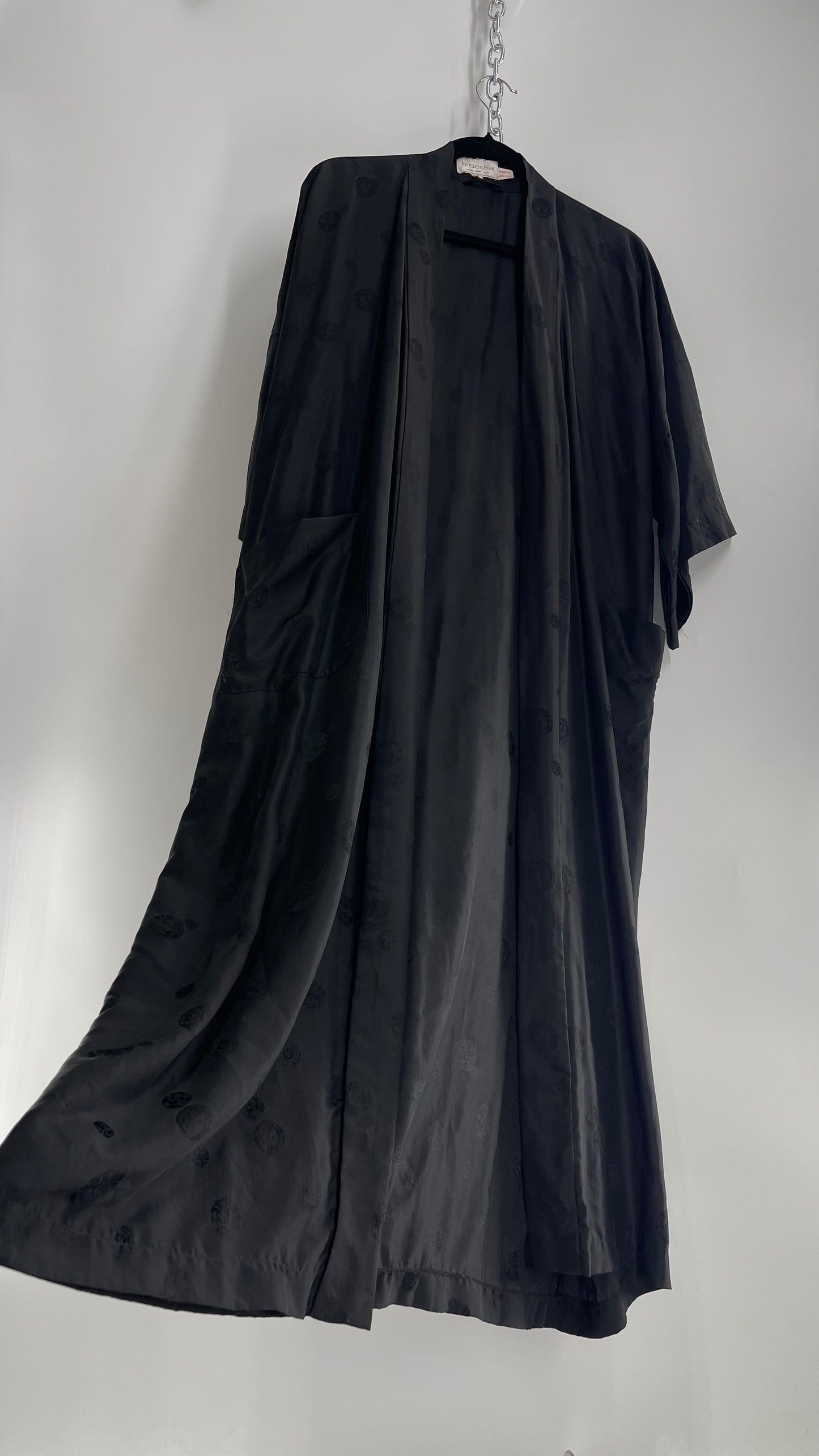 Vintage TREESHA 100% Pure Silk Black Long Embossed Robe (Large)