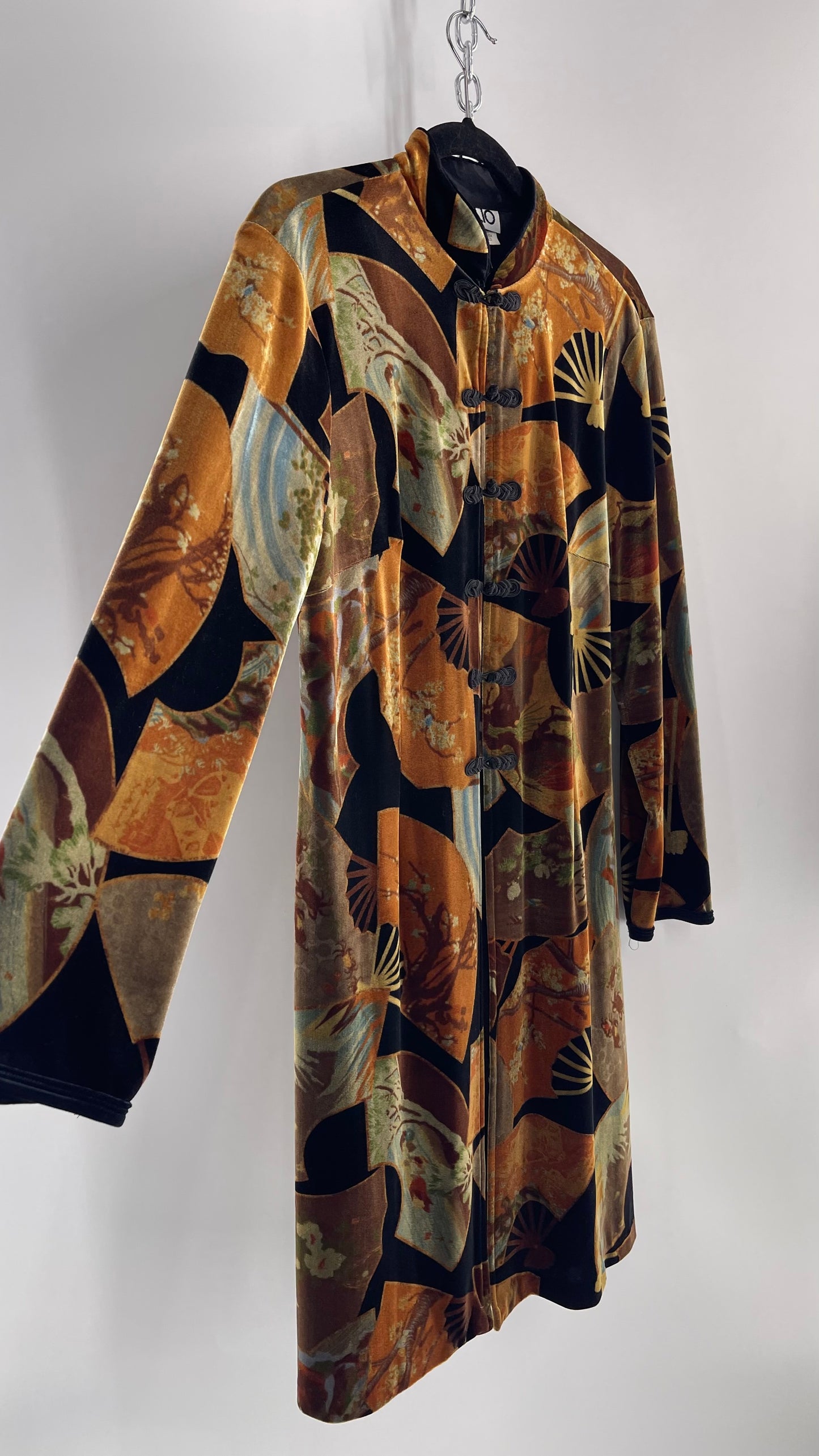 Vintage CLIO 1990s Black Velvet/Velour Fan Patterned Duster Coat (Medium)