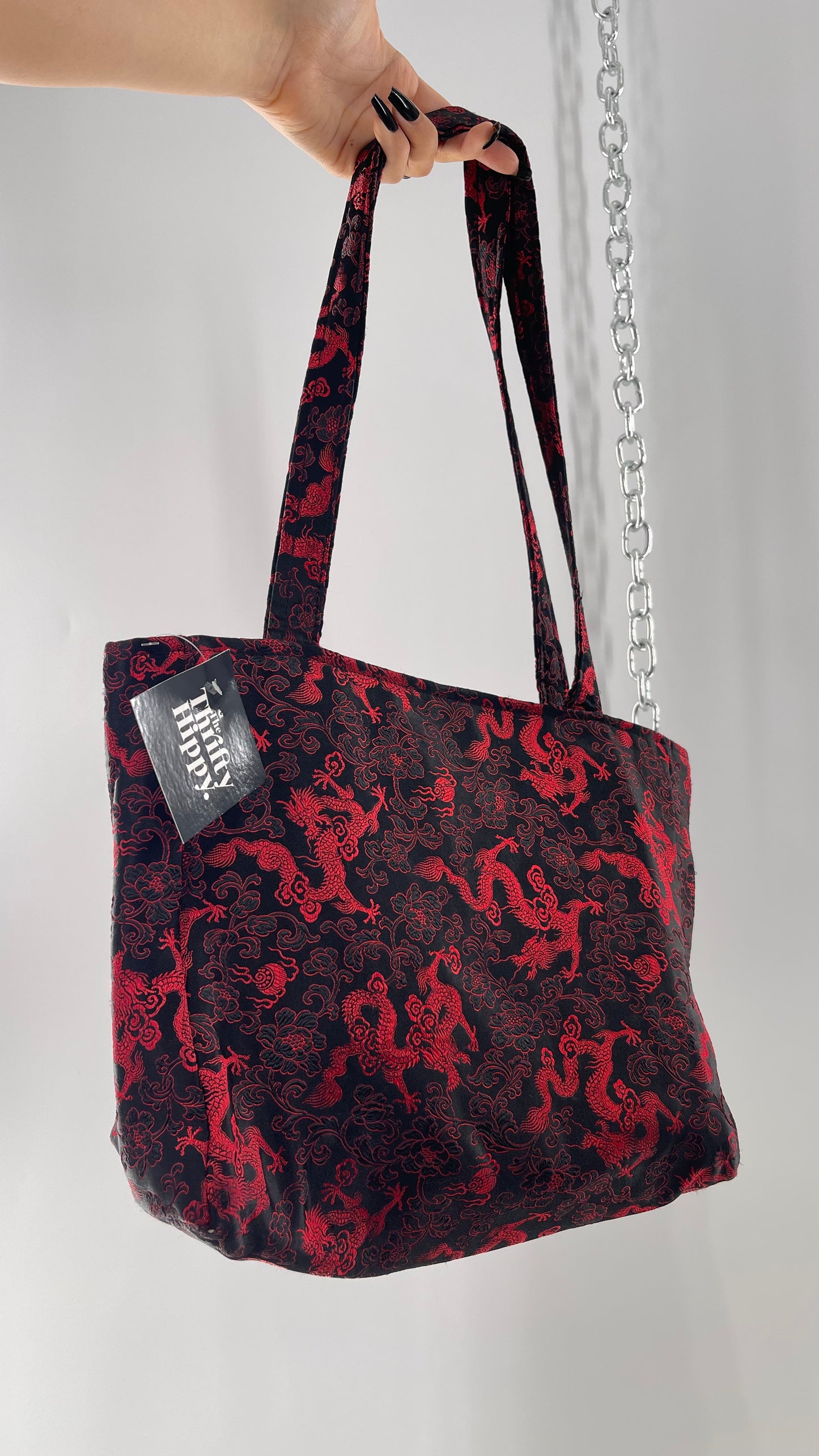 Vintage Black Satin/Silky Tote with Red Dragon/Floral Embroidery