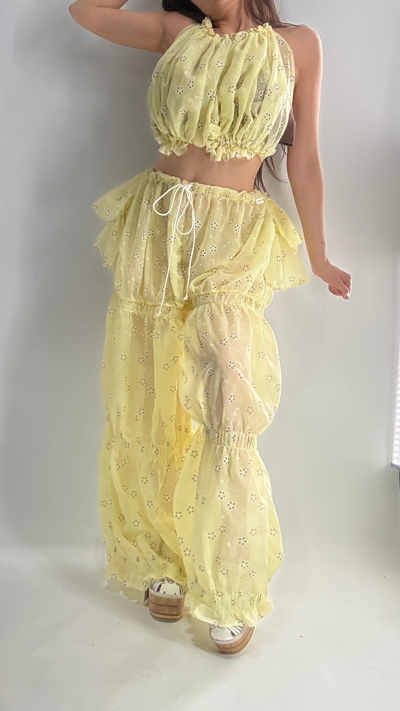 Vintage Handmade 2pc Baby Yellow Set with Tiered Pants, Ruffled Bum, and Floral Eyelet Pattern (XS-M)