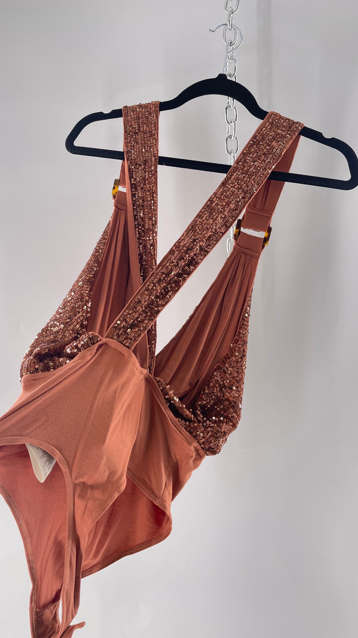 Free People Copper Sequin Draping Bodysuit with Tortoise Shell Buckle Detail (Medium)